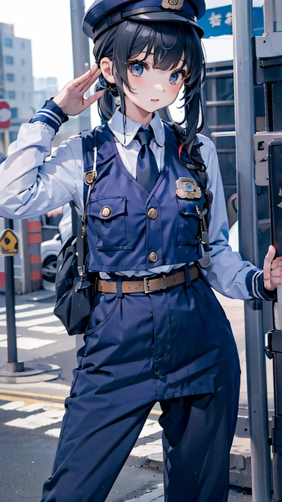 女警girl，girl，Police Uniform，紧身Police Uniform，藏青色Police Uniform，Metropolitan Police Department Helmet，Japanese Metropolitan Police Department clothing，紧身jeans，jeans，Tactical Vest，high-heel boots，boots，Police hat，Police hat，Police badge，City background，Outdoor Background，Street background，警视厅girl，Military dress style，Close-up above the waist镜头，Close-up of upper body，Close-up above the waist