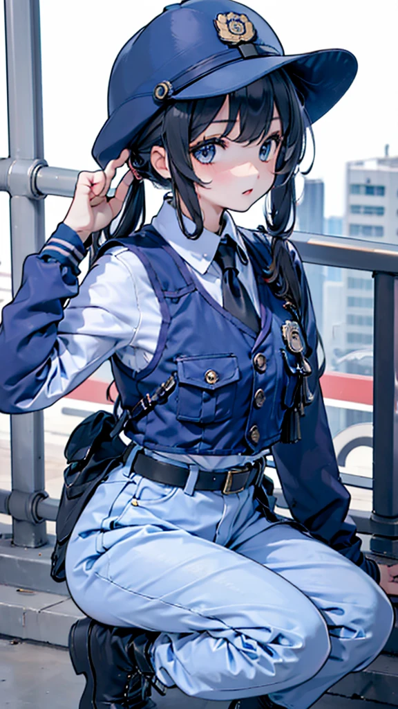 女警girl，girl，Police Uniform，紧身Police Uniform，藏青色Police Uniform，Metropolitan Police Department Helmet，Japanese Metropolitan Police Department clothing，紧身jeans，jeans，Tactical Vest，high-heel boots，boots，Police hat，Police hat，Police badge，City background，Outdoor Background，Street background，警视厅girl，Military dress style，Close-up above the waist镜头，Close-up of upper body，Close-up above the waist