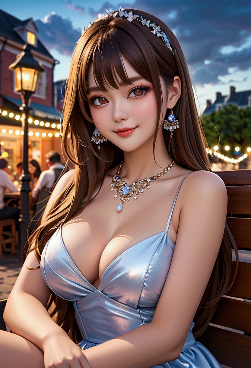 masterpiece, best quality, eyeliner, eyeshadow, looking at viewer, curvy, (full body shot) of (dollienobodysd15:0.8) wearing (party clothing:1.2), 1girl, solo, long hair, soft breasts, smirk, sleeveless, bangs, blush, clothing cutout, long hair, shiny skin, outdoors seat in the square, cloudy sky, upper body, ultra-detailed, illustration,