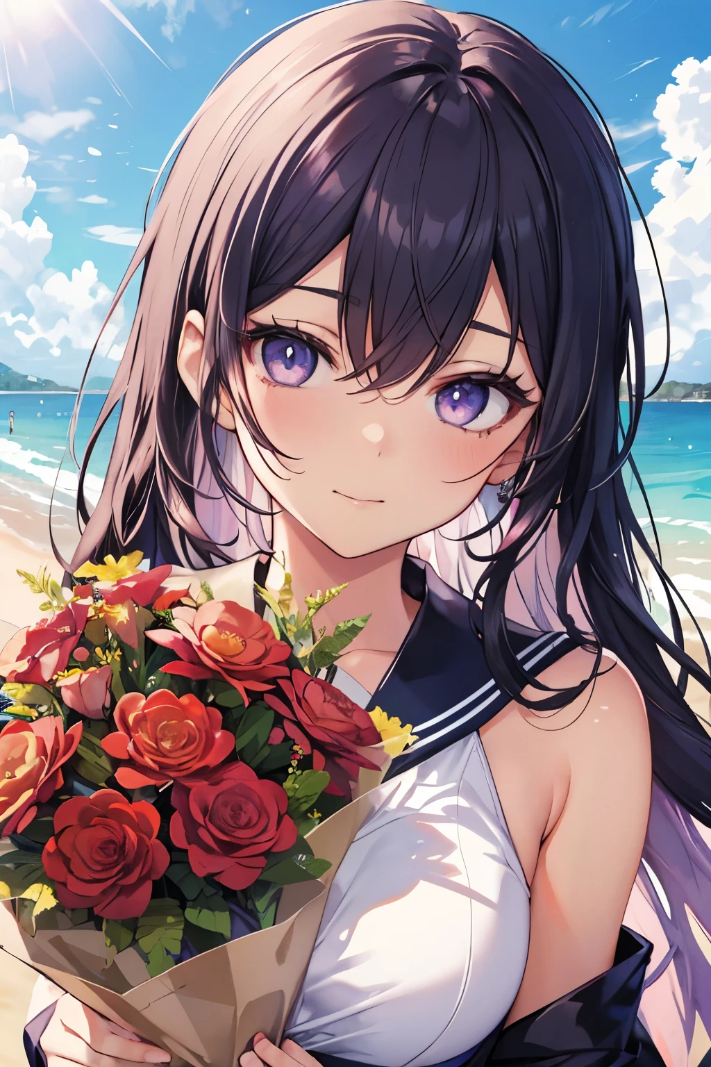 masutepiece, Best Quality, Illustration, Ultra-detailed, finely detail, hight resolution, 8K Wallpaper, Perfect dynamic composition, Beautiful detailed eyes , the beach, Sexy face, Holding flower bouquet:1.5), Purple long hair,Purple sailor ,