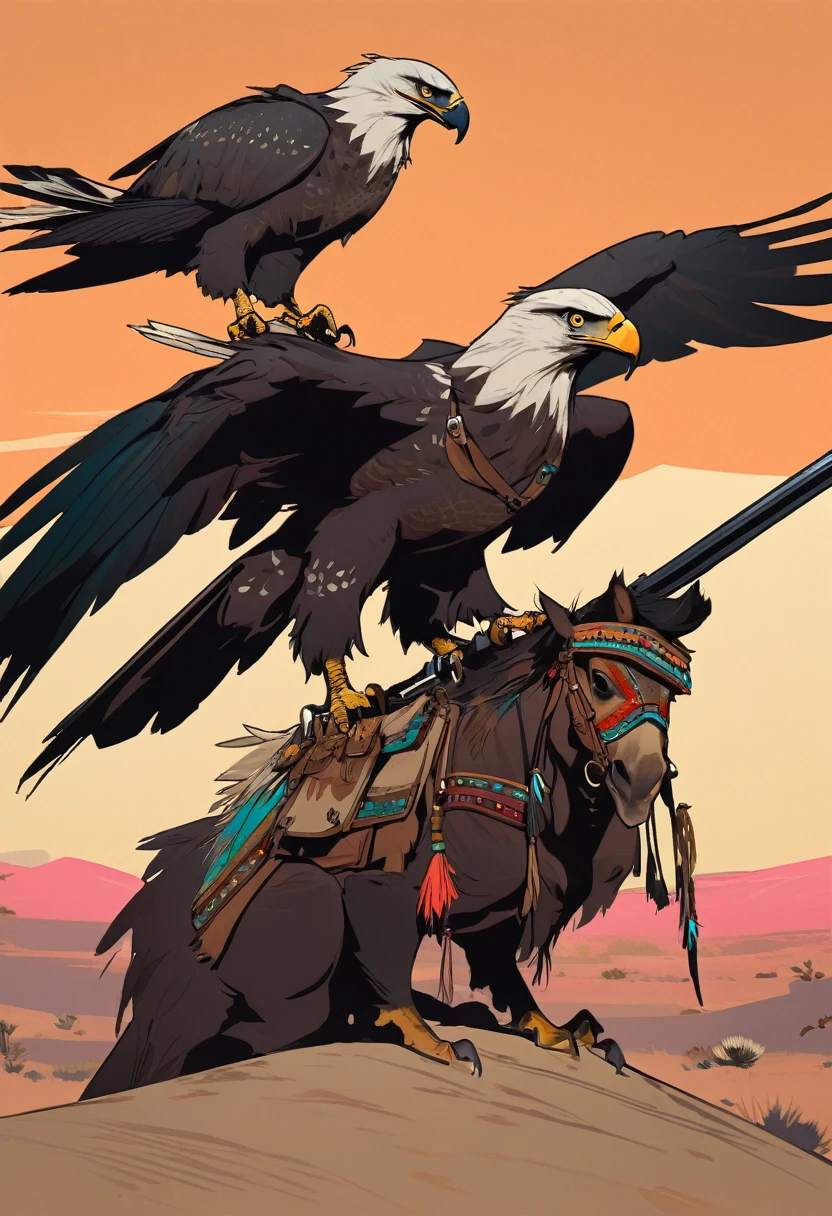 score_9, score_8_up, score_7_up, score_6_up, score_5_up, score_4_up, 1man, Western, far away, Wild West, red dead Redemption, cartoon art style, Hunting, desert, Nightfall, Indigenous, Solo, Bow, Hunter, Thong, Indian Makeup, Wild, Pet eagle, No clothes, Crouching, stealthy, long straight hair, Plume