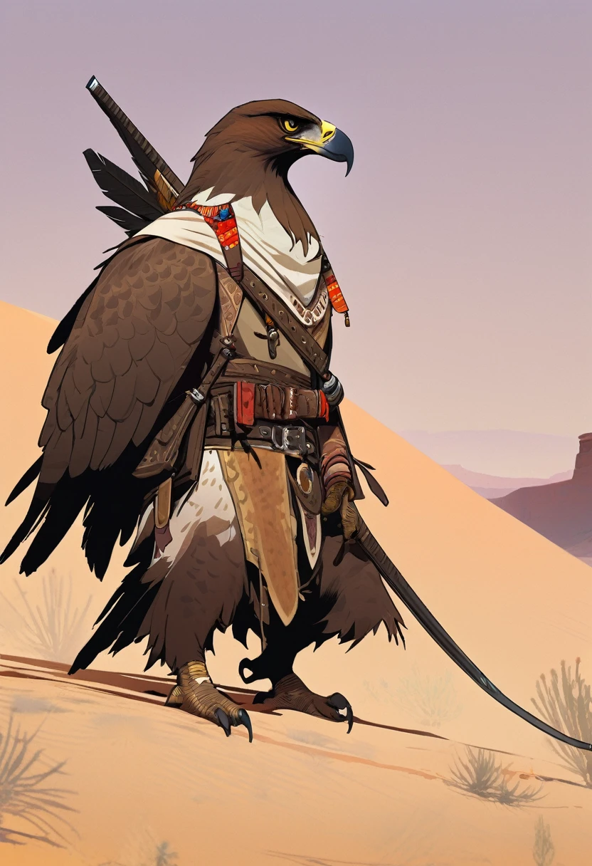 score_9, score_8_up, score_7_up, score_6_up, score_5_up, score_4_up, 1man, Western, far away, Wild West, red dead Redemption, cartoon art style, Hunting, desert, Nightfall, Indigenous, Solo, Bow, Hunter, Thong, Indian Makeup, Wild, Pet eagle, No clothes, Crouching, stealthy, long straight hair, Plume