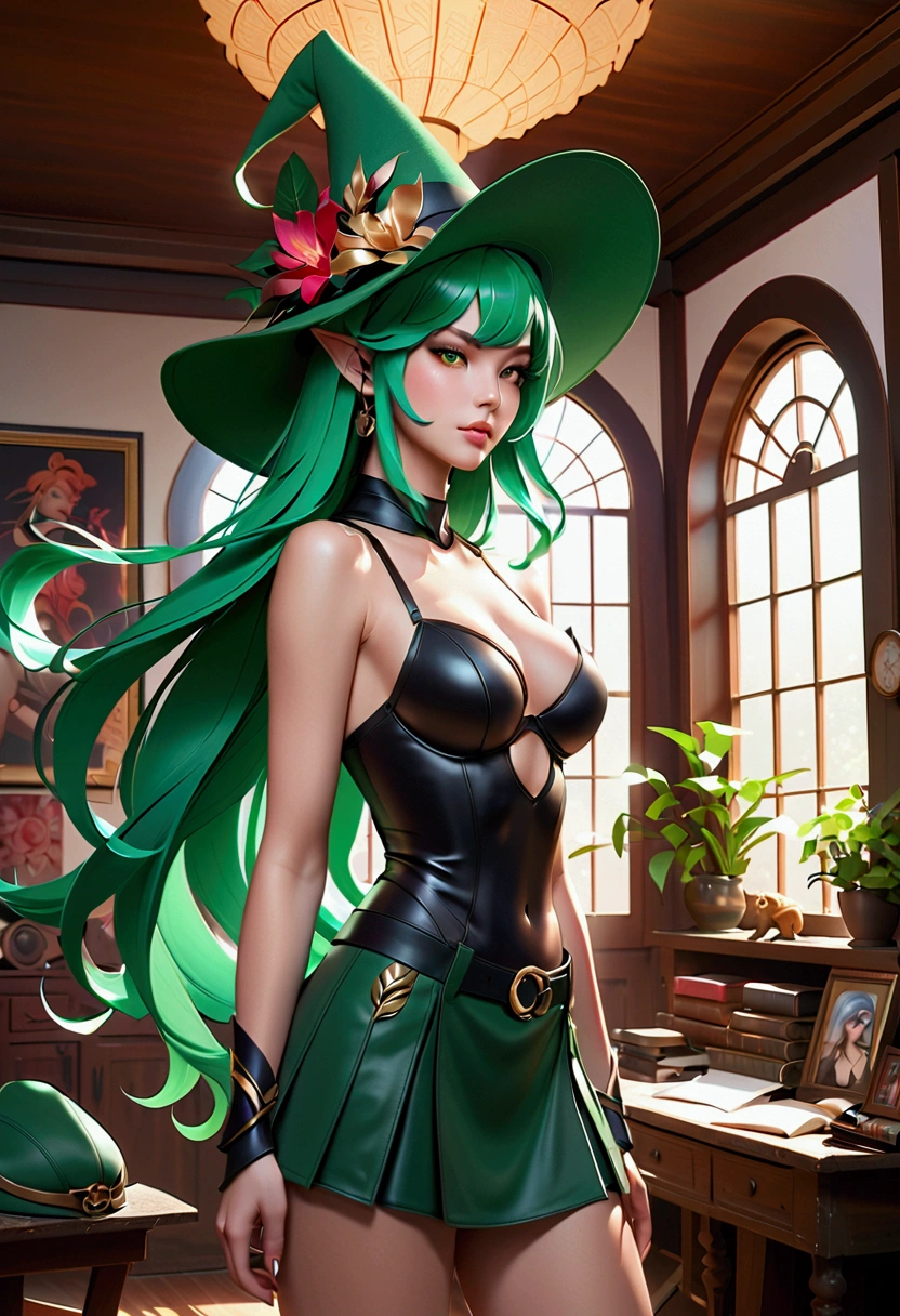 Master piece, girl with green hair and a green hat standing in a room, splash art, style artgerm, elf girl, range murata and artgerm, artgerm lau, vivy, style of artgerm, style league of legends, ruan jia and artgerm, artgerm style, ! dream artgerm