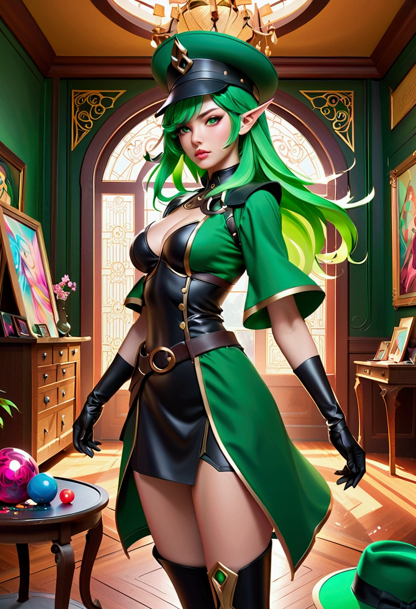 Master piece, girl with green hair and a green hat standing in a room, splash art, style artgerm, elf girl, range murata and artgerm, artgerm lau, vivy, style of artgerm, style league of legends, ruan jia and artgerm, artgerm style, ! dream artgerm