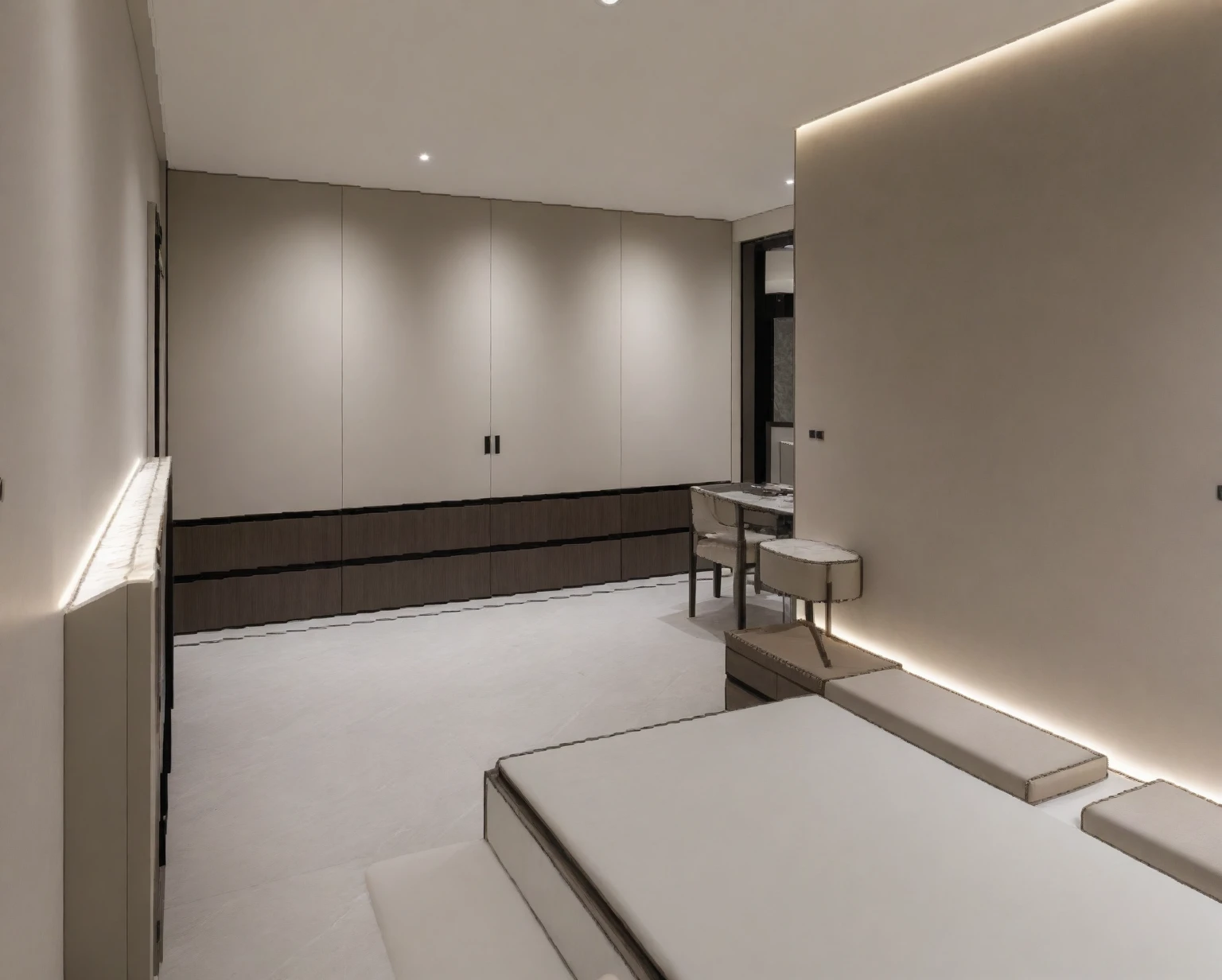 Raw photo,Masterpiece, high quality, best quality, authentic, super detail,
indoors, interior , ((BEDroom :1.3)), modern style, daylight, (WHITE WALL),luxury, marble tile floor,