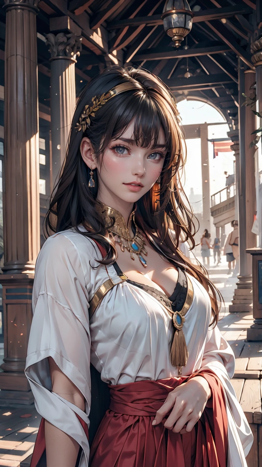 ((最high quality, 8K, masterpiece: 1.3, Ultra HD, high quality, 最high quality, High resolution, realism)) 、Egyptian Pharaoh、Cleopatra、Black Hair、Bangs(Horizontal)、Fringe Hair((fringe hair))、Ancient Egyptian Dynasty Decoration、Inside an ancient Egyptian palace、Using her body to seduce Julius Caesar of Rome