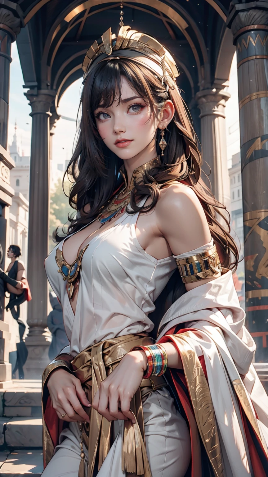 ((最high quality, 8K, masterpiece: 1.3, Ultra HD, high quality, 最high quality, High resolution, realism)) 、Egyptian Pharaoh、Cleopatra、Black Hair、Bangs（Horizontal)、Fringe Hair((fringe hair))、Ancient Egyptian Dynasty Decoration、Inside an ancient Egyptian palace、Using her body to seduce Julius Caesar of Rome
