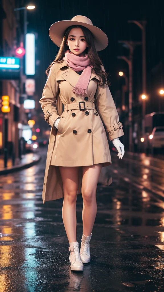 1girl with long brown hair wearing a fully buttoned up and belted buckle beige trench coat with a large pink winter wool scarf and white gloves at the hard rainy night city street full body 8k