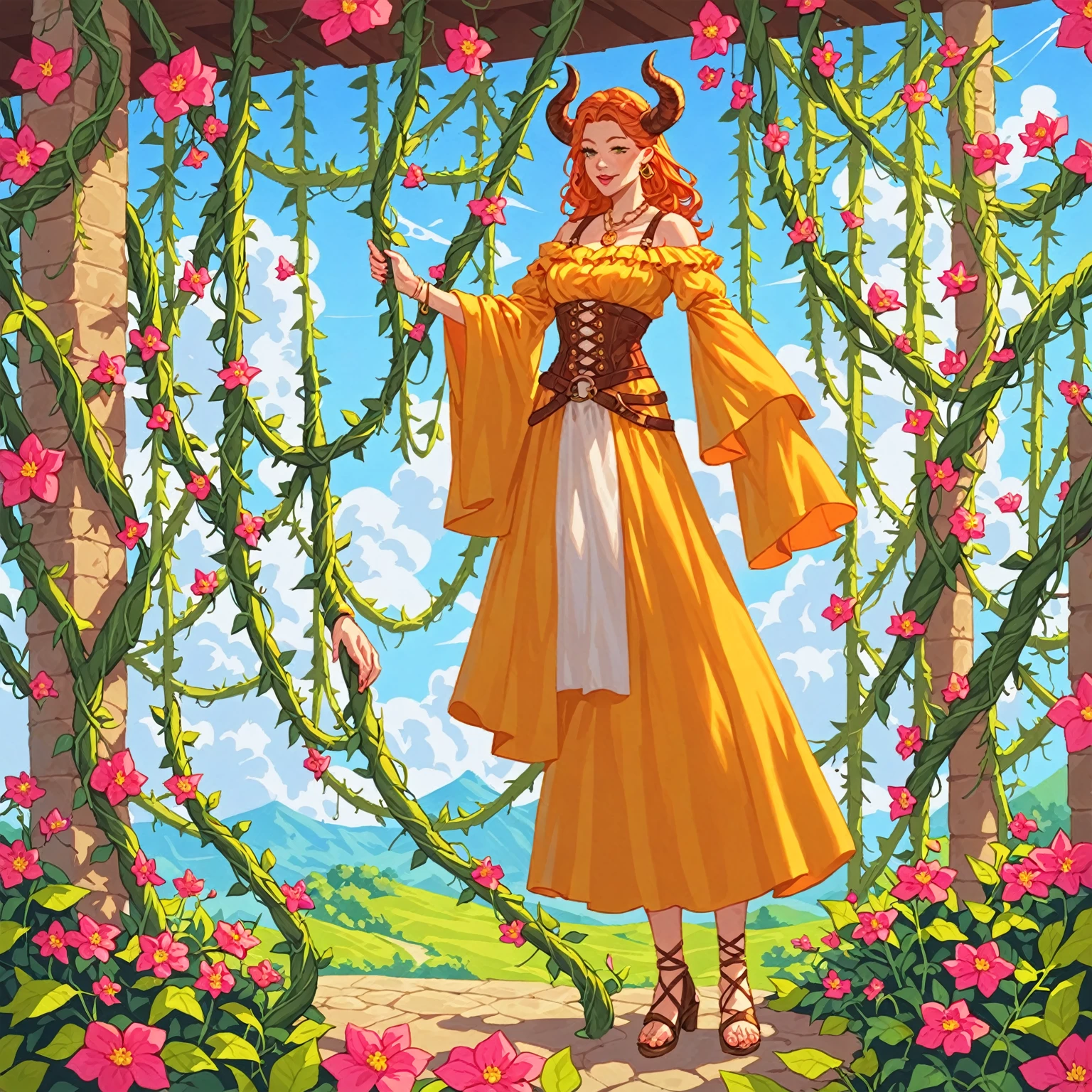score_9, score_8_up, score_7_up, score_6_up, score_5_up, score_4_up, BREAK source_anime, yellow medieval summer girl, concept, vines on the hand and horns from vines, full body 