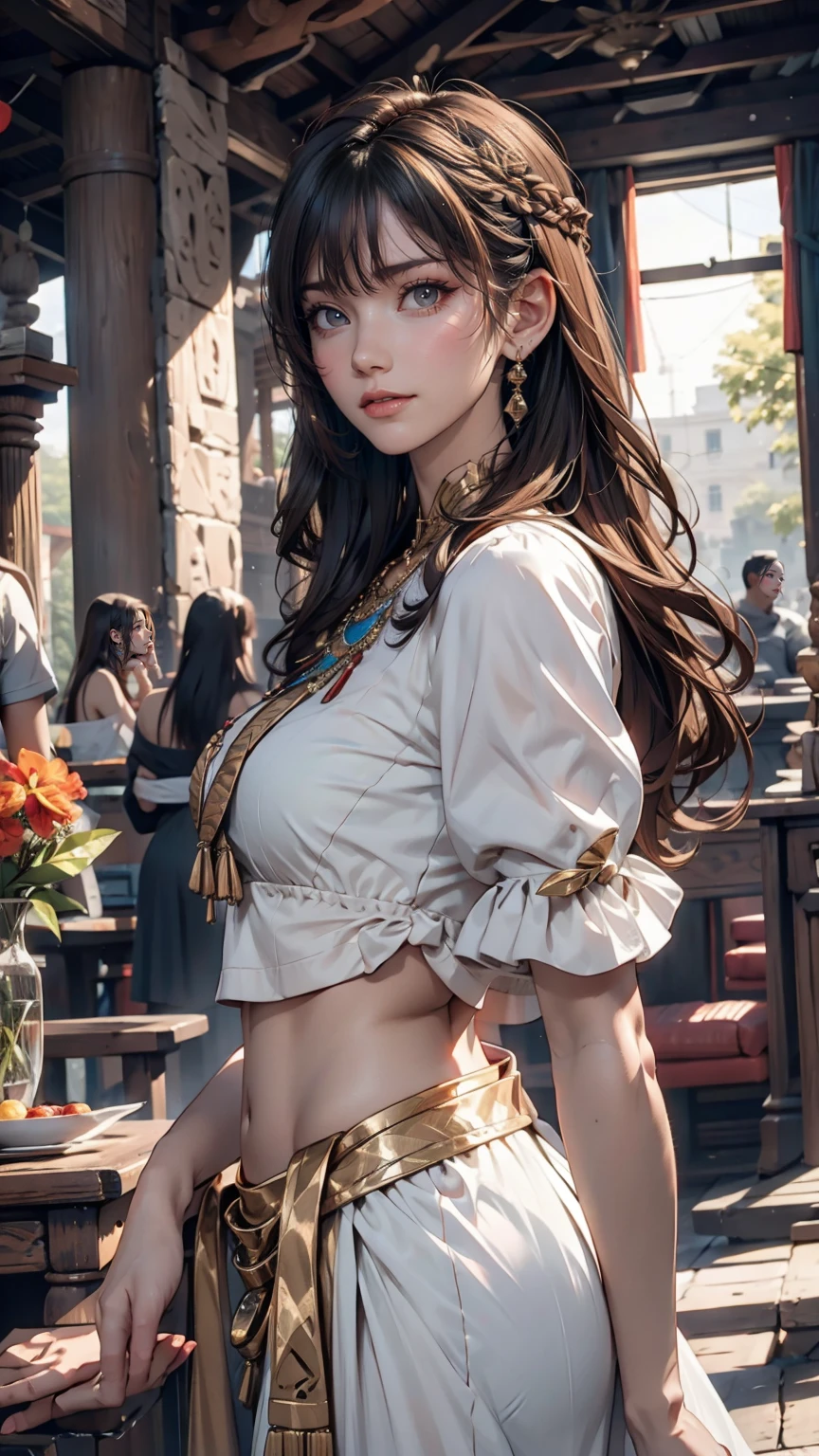 ((最high quality, 8K, masterpiece: 1.3, Ultra HD, high quality, 最high quality, High resolution, realism)) 、Egyptian Pharaoh、Cleopatra、Black Hair、Bangs(Horizontal)、Fringe Hair((fringe hair))、Ancient Egyptian Dynasty Decoration、Inside an ancient Egyptian palace、Using her body to seduce Julius Caesar of Rome