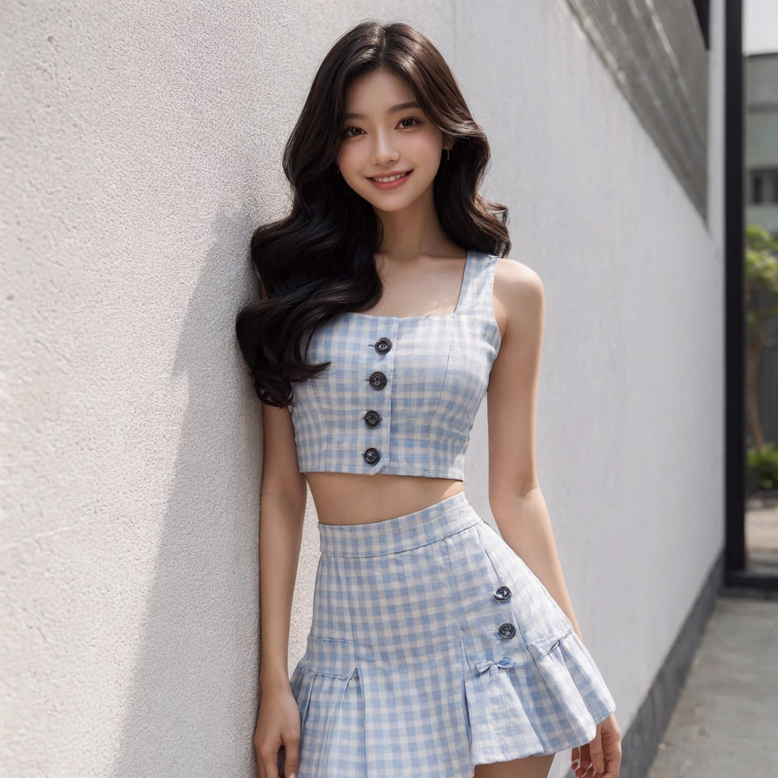 Create a realistic UHD 8K image of a young woman leaning against a textured white wall. She is dressed in a stylish, light blue and white checkered two-piece outfit featuring a sleeveless crop top with buttons and a high-waisted mini skirt adorned with small black bows. She has long, wavy black hair and is smiling softly, exuding a cheerful and relaxed vibe. The background should reflect a minimalistic urban setting, enhancing the modern and trendy atmosphere.
