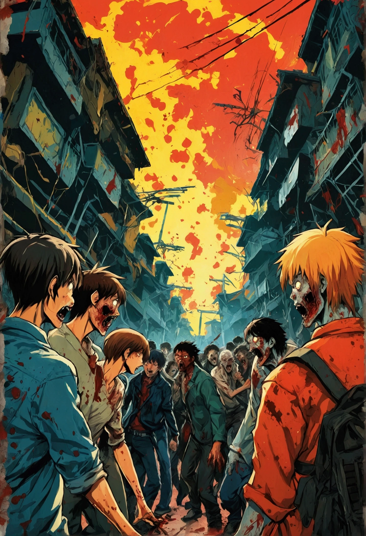 ( Horizontal paintings are drawn in manga style ) , The scene of a fight between humans and zombies , One side is humans, the other side is zombies rushing to bite and kill each other