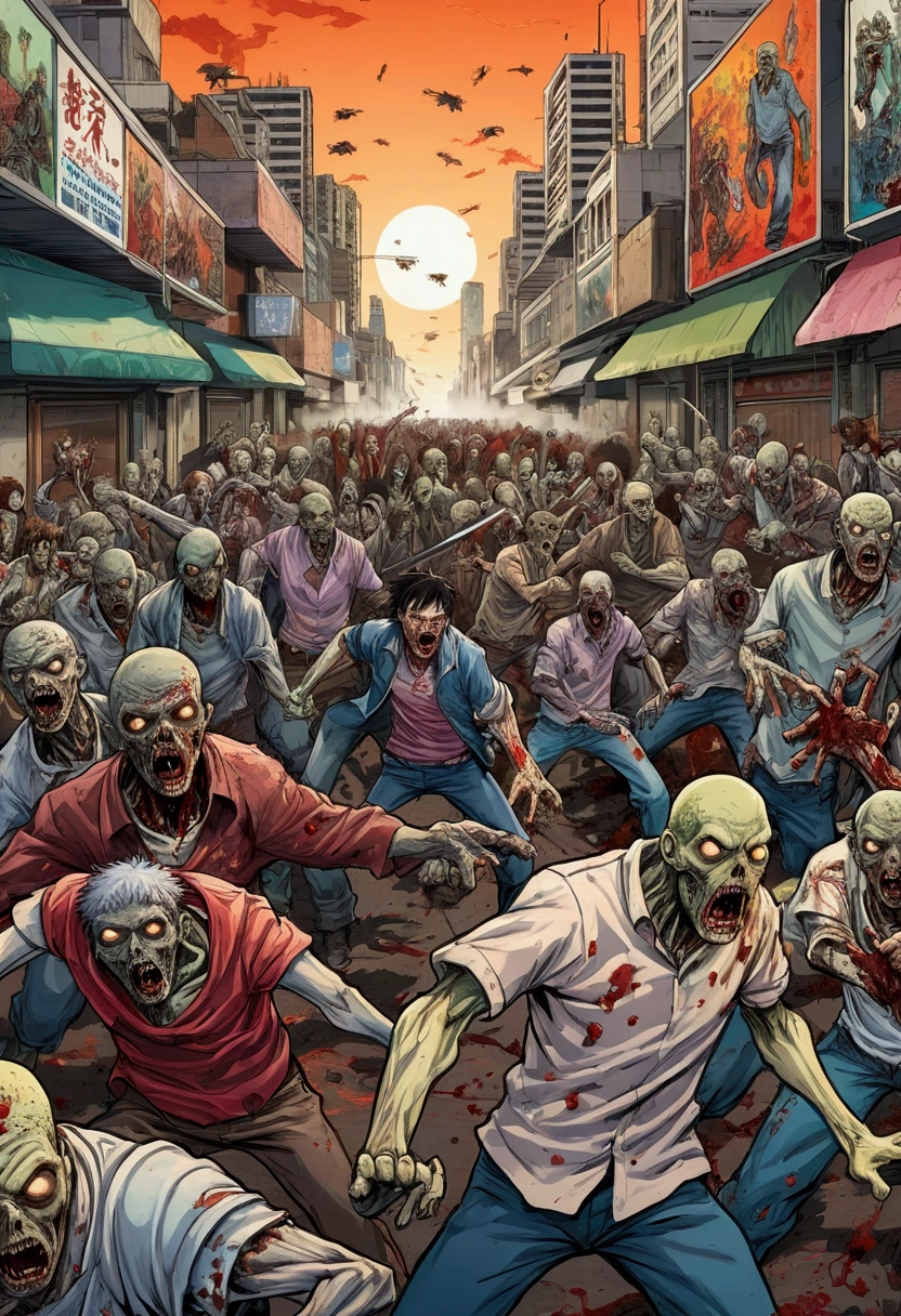 ( Horizontal paintings are drawn in manga style ) , The scene of a fight between humans and zombies , One side is humans, the other side is zombies rushing to bite and kill each other