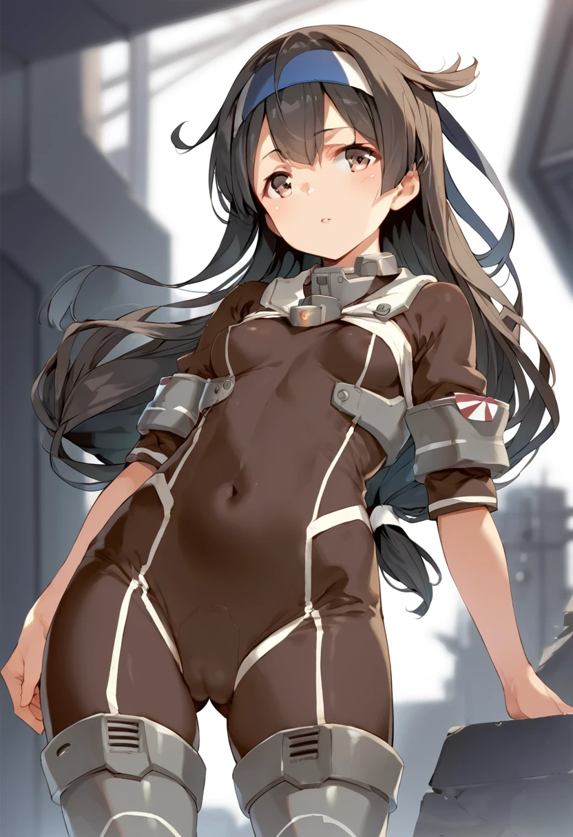 score_9, score_8_up, score_7_up, source_anime, Idealized Forms, Natural Light, details background, blurry background, extremely detailed,cartoons girl are standing wearing a futuristic outfit, 1girl,breasts,ass visible through thighs,bodysuit,covered navel,(aga),hatsushimo(kancolle),brown eyes,(left(white)right(blue))headband,(black)long hair,(low-tied)hair,(black)hair,small breasts,(petite),
