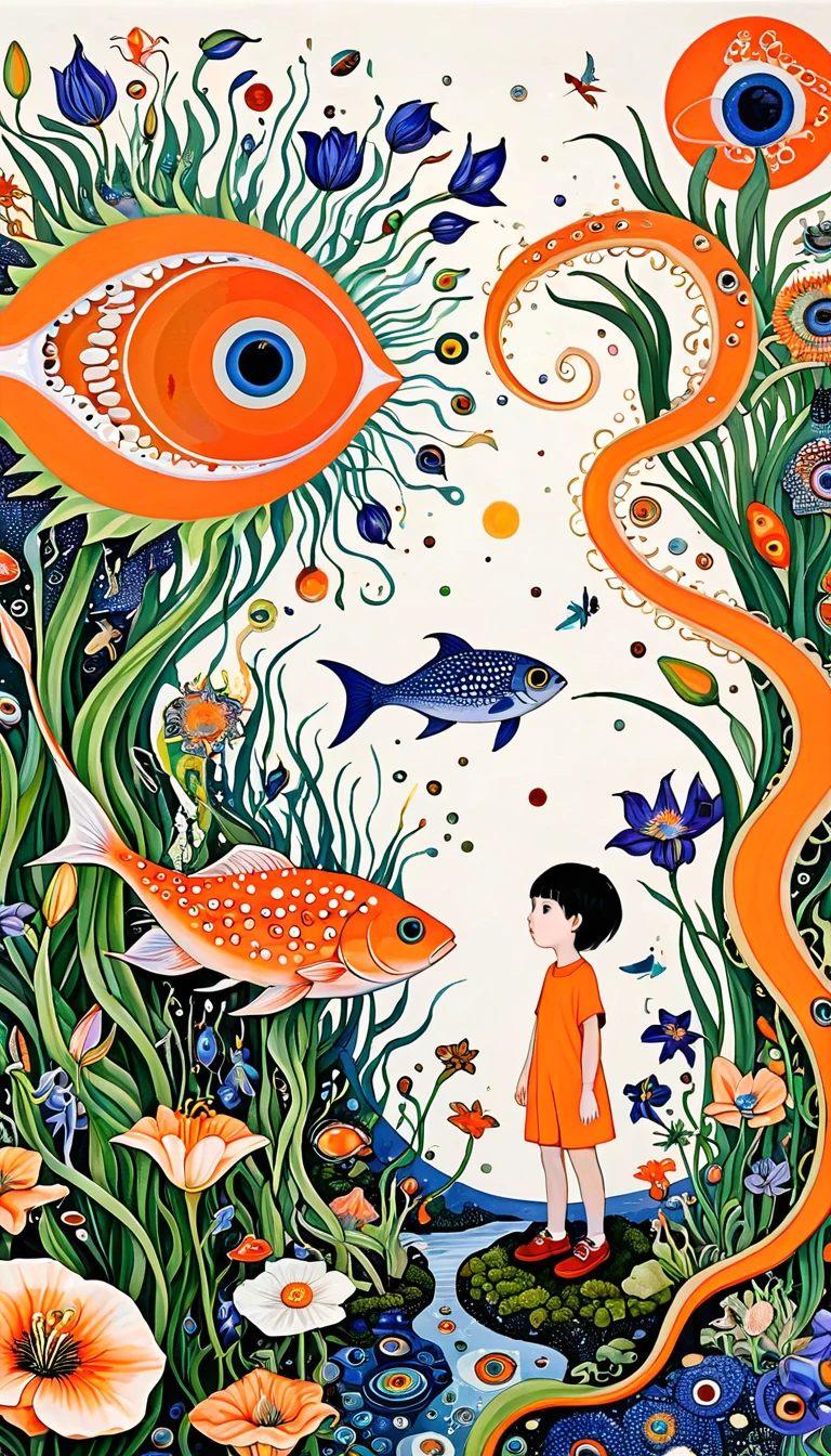 Sliced Papaya、Iris tectorum Maxim、fish、Tentacles、bird、Eye、diatom,Abstract mosaic painting,Describing the inner world of autistic people,Sense of space,White Space,interesting,Innocence,Psychedelic Art,Orange overall
