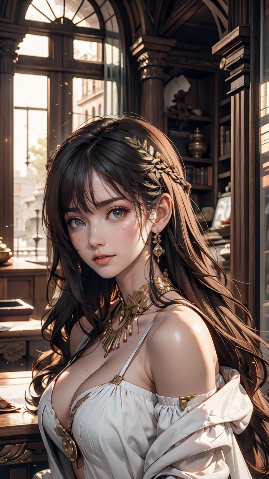 ((最high quality, 8K, masterpiece: 1.3, Ultra HD, high quality, 最high quality, High resolution, realism)) 、Egyptian Pharaoh、Cleopatra、Black Hair、Bangs(Horizontal)、Fringe Hair((fringe hair))、Ancient Egyptian Dynasty Decoration、Inside an ancient Egyptian palace、Using her body to seduce Julius Caesar of Rome