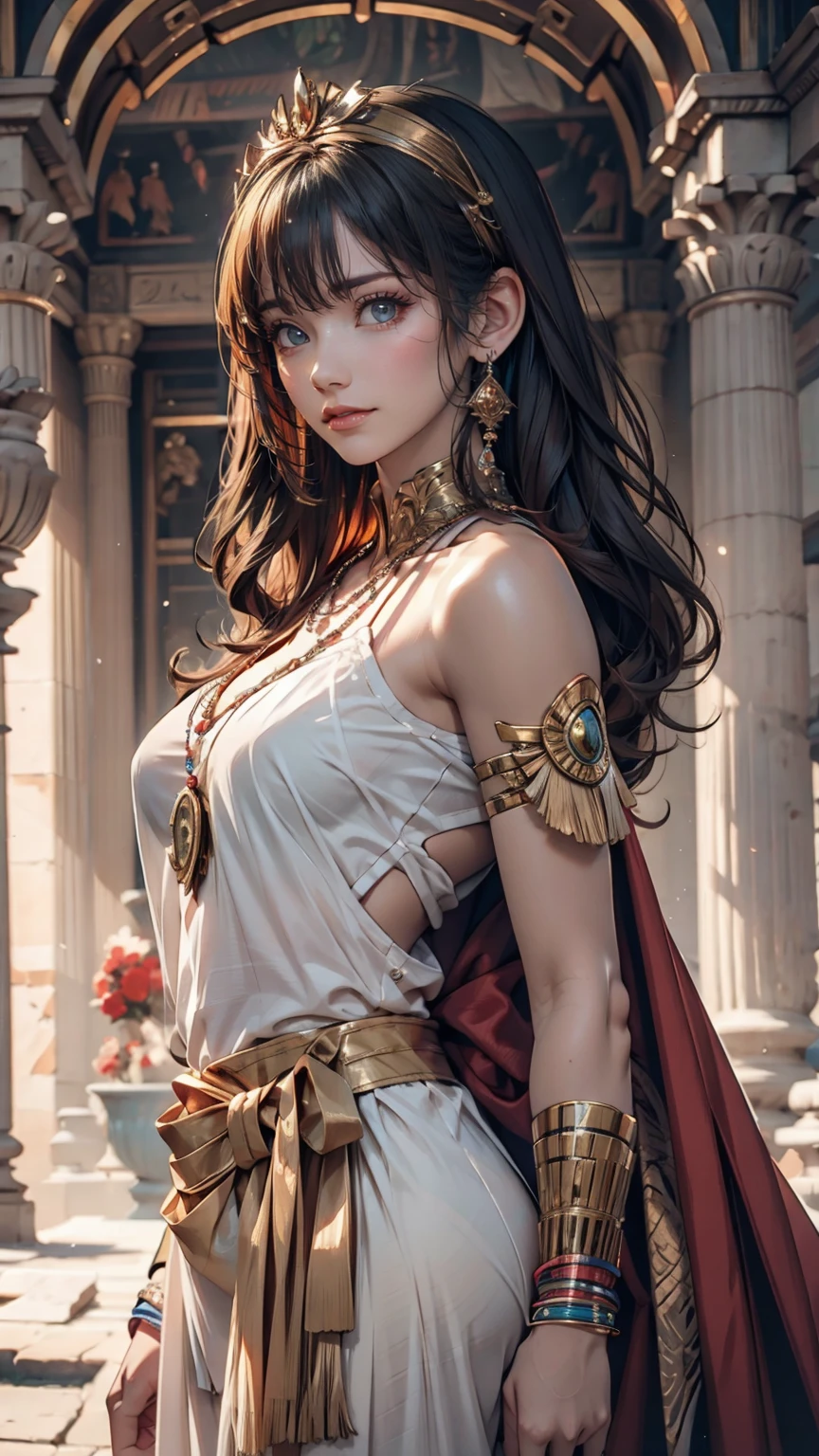 ((最high quality, 8K, masterpiece: 1.3, Ultra HD, high quality, 最high quality, High resolution, realism)) 、Egyptian Pharaoh、Cleopatra、Black Hair、Bangs(Horizontal)、Fringe Hair((fringe hair))、Ancient Egyptian Dynasty Decoration、Inside an ancient Egyptian palace、Using her body to seduce Julius Caesar of Rome