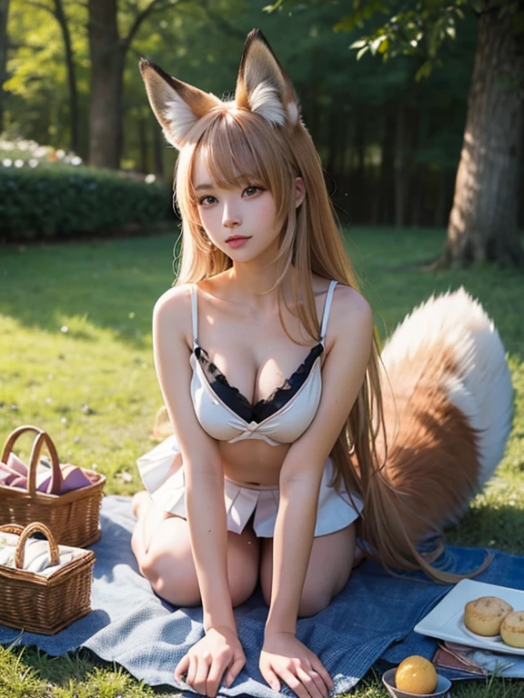 ((Highest quality)), ((masterpiece)), (Familiar), Perfect Face, fox lady, Pretty girl, Fox Ears, Fox tail, She has a northern fox tail, She wags her fluffy tail, Cheerleader, Beautiful hip line, Big , Thick thighs, A big tail growing out from under the skirt, Nice body, On all fours , Shyly staring at his tail, Only one tail, a shy face, picnic