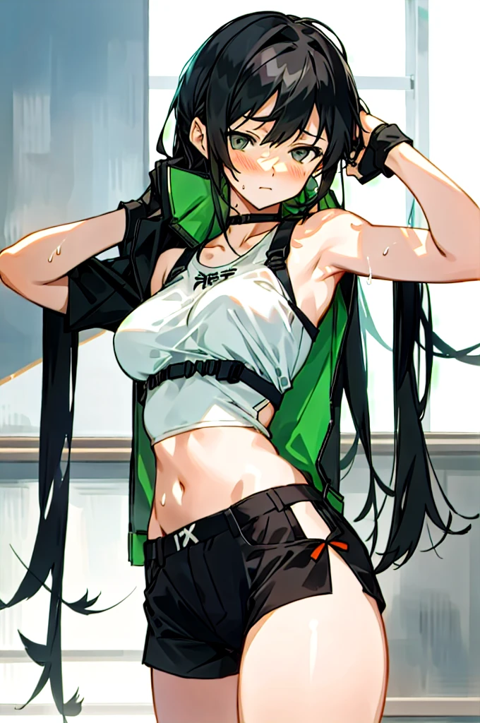a woman in a white tank top and black shorts, yoki shinkawa, by Nagasawa Rosetsu, girls frontline cg, range murata, muscular sweat lara croft, ayamin kojima, rei hiroe black lagoon manga, by Takeuchi Seihō, mai yoneyama, realistic anime style at pixiv, from girls frontline