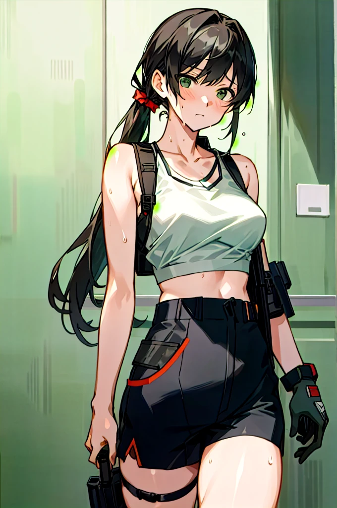 a woman in a white tank top and black shorts, yoki shinkawa, by Nagasawa Rosetsu, girls frontline cg, range murata, muscular sweat lara croft, ayamin kojima, rei hiroe black lagoon manga, by Takeuchi Seihō, mai yoneyama, realistic anime style at pixiv, from girls frontline