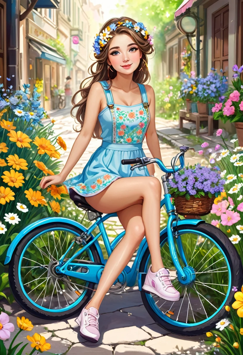 a girl sitting on the ground next to a bike with flowers in her hair, cute girl, Drawn in a whimsical style, Travel Goddess, Visitors, 骑bike!!, Lovely woman, pretty girl, bike, beauty girl, Visitors, 🚿🗝📝, cute girls, illustration!, season!! : 🌸 ☀ 🍂 ❄, author：Marie Angel,  girl, 骑bike