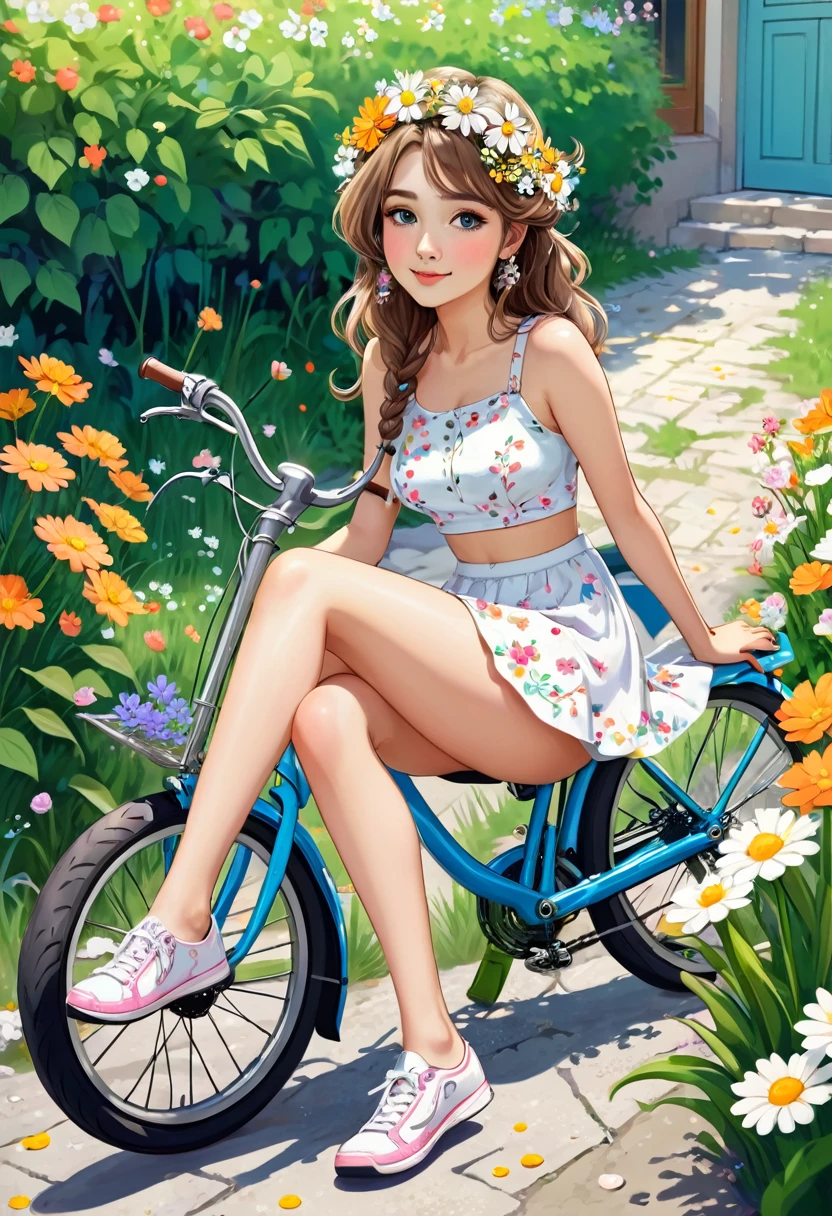a girl sitting on the ground next to a bike with flowers in her hair, cute girl, Drawn in a whimsical style, Travel Goddess, Visitors, 骑bike!!, Lovely woman, pretty girl, bike, beauty girl, Visitors, 🚿🗝📝, cute girls, illustration!, season!! : 🌸 ☀ 🍂 ❄, author:Marie Angel, girl, 骑bike