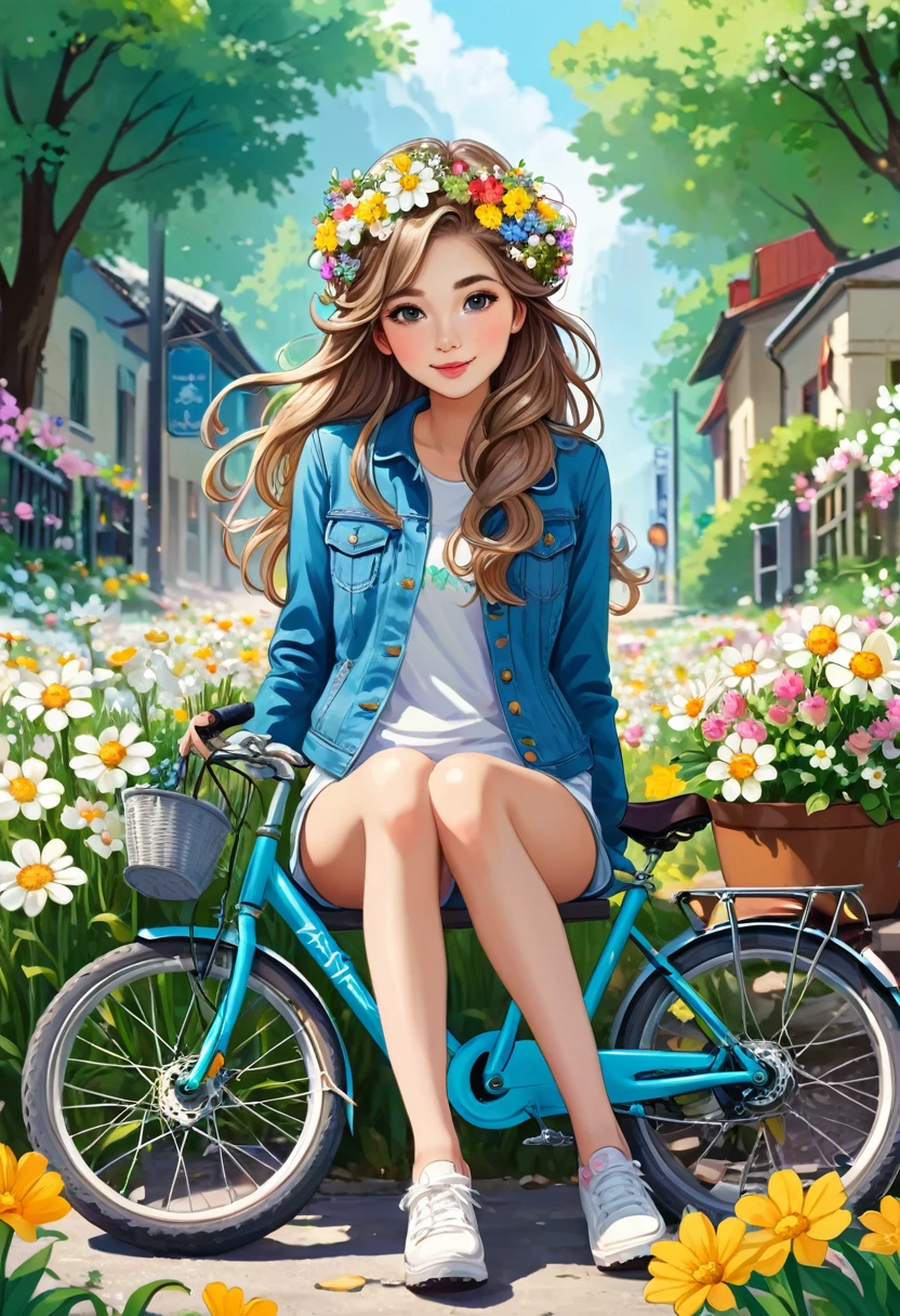 a girl sitting on the ground next to a bike with flowers in her hair, cute girl, Drawn in a whimsical style, Travel Goddess, Visitors, 骑bike!!, Lovely woman, pretty girl, bike, beauty girl, Visitors, 🚿🗝📝, cute girls, illustration!, season!! : 🌸 ☀ 🍂 ❄, author:Marie Angel, girl, 骑bike