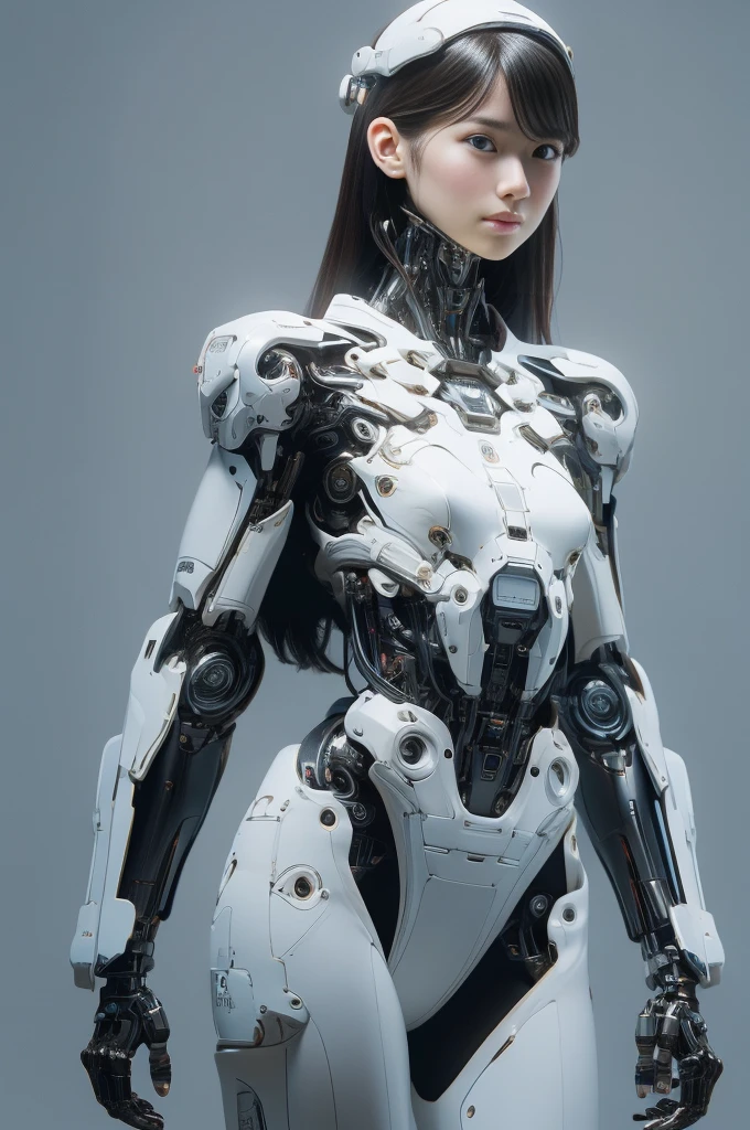 {{best quality, 1080P, Masterpiece, Ultra high resolution, photorealistic, ultra realism, Realistic skin texture, Extreme skin detail, dslr, Detailed eyes, blue eyes, Facing the camera, A very beautiful young face, Concise facial structure, Pale skin, Realistic skin texture, Extreme skin detail, oc render reflection textures, Realistic light and shadow, Single picture, alone, beautiful chinese girl face, The body is slim and balanced., Age 20, Height 170, naked girl, Nude, sexy pose, no underwear, A girl with the body of a mechanical robot., Transparent futuristic black glass mech armor suit, The mechanical cervix is attached to the neck., flat stomach, Girl with perfect robot arms and legs, Stand until you can see your feet., full body view, Whole body photo.}}