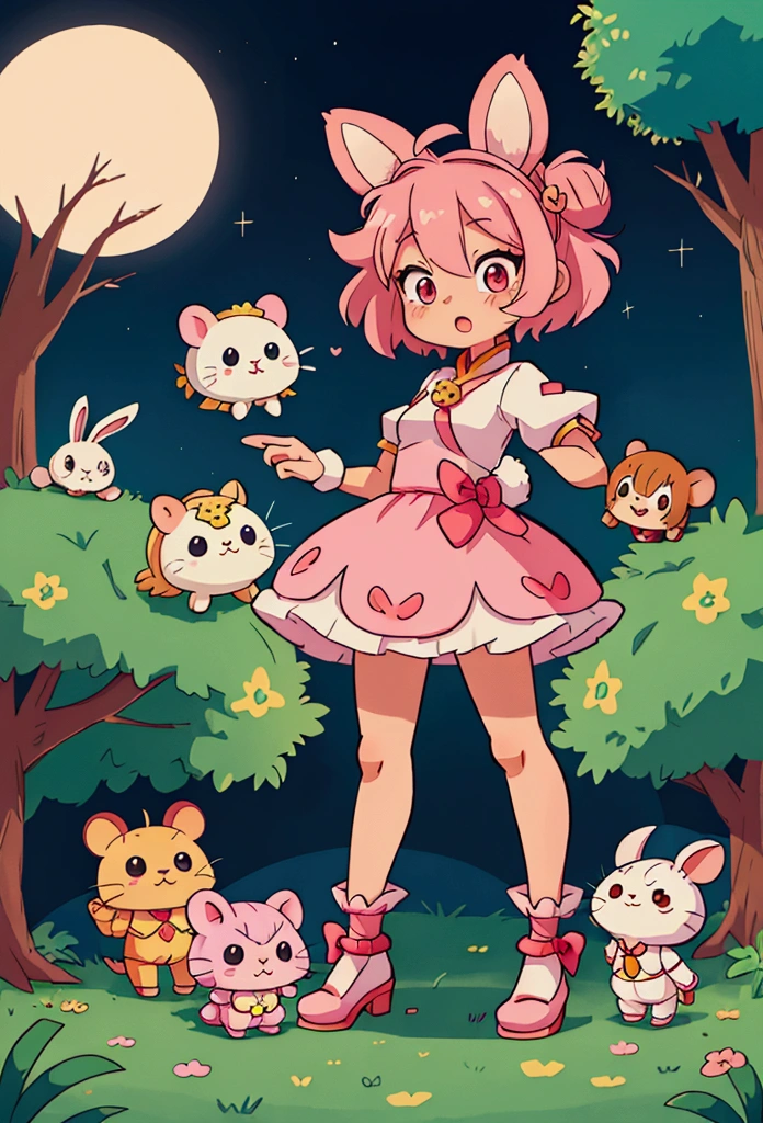 Rabbits flying in the sky,The night sky is in the background,There is a sign with a cartoon rabbit that says Star Hello Kitty., MapleStory Mouse, You are hungry, meow, Cute mouse Pokemon, Pink iconic character, The rabbit's fur is pink, Black, nekomimi, Cute furry animals need your help, Original Chibi Bunny Girl, Neferpitou, Super cute, MapleStory character art, Inspired by the Chinese Classics Master