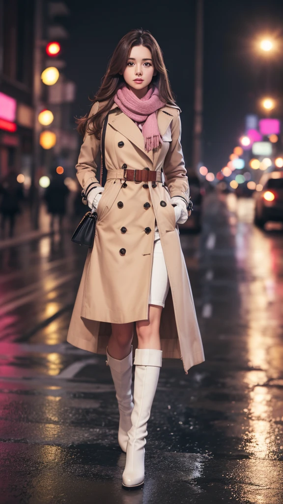 1girl with long brown hair wearing a fully buttoned up and belted buckle beige trench coat with a large pink winter wool scarf and white gloves at the hard rainy night city street full body 8k