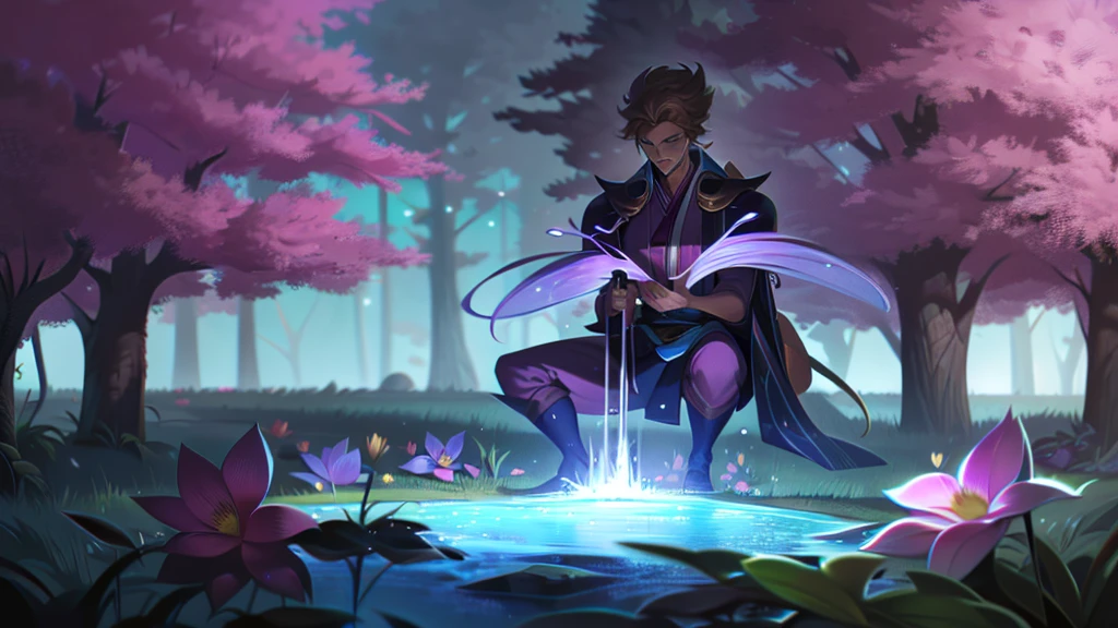 A man with pale skin and long white messy hair covering one of his eyes, splashart, splashart, Splashart de League of Legends, arte, Pincelada, obra-prima, 8k, Ultra Detalhado, disco Rigid, pink trees, blossom, sitting on a tree bench, japanese traditional clothes, soft purple clothes, shy expression, blushing, purple eyes,