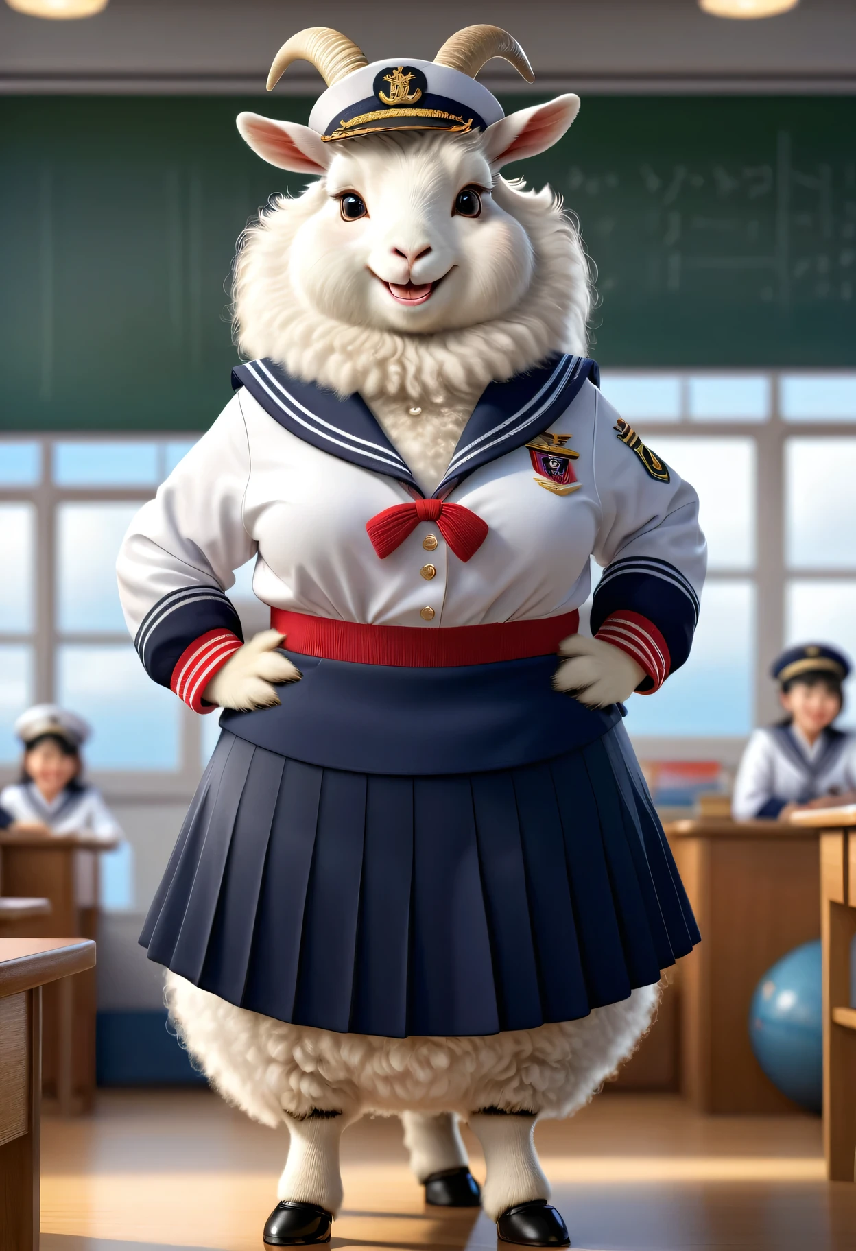 photorealistic portrait of Dressed animals-a ((fat)) ((angora goat)) student,(furry), (elegant pose:1.5), (hands on hips:1.5),(smile:1.5),high quality,(),(lovely) ,intricate details, Wearing Japanese sailor uniform , (), highly detailed ((female sailor uniform)) ,highly detailed clothes, high sox , (happy), soft lighting,(full body image:2.0),in classroom background,clouds,score_9, score_8_up, score_7_up, score_6_up, score_5_up, score_4_up,
