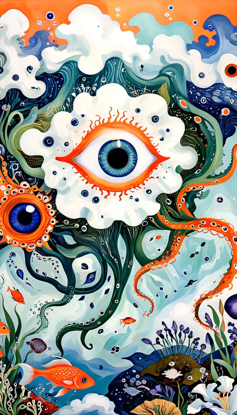 A cloud,、iris、fish、Tentacles、bird、Eye、diatom,Abstract mosaic painting,Describing the inner world of autistic people,Sense of space,White Space,interesting,Innocence,Psychedelic Art,Orange overall