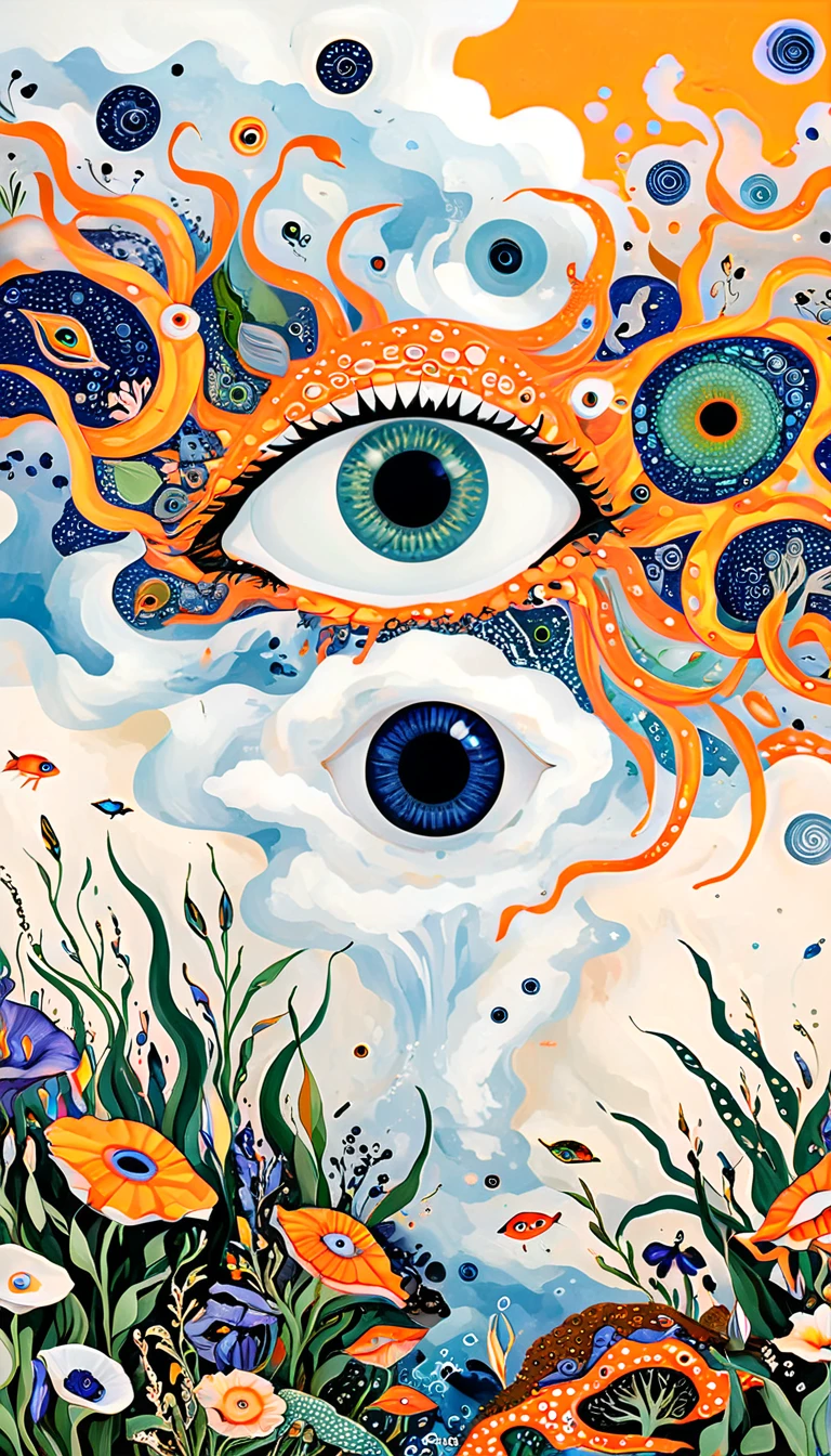 A cloud，、iris、fish、Tentacles、bird、Eye、diatom，Abstract mosaic painting，Describing the inner world of autistic people，Sense of space，White Space，interesting，Innocence，Psychedelic Art，Orange overall