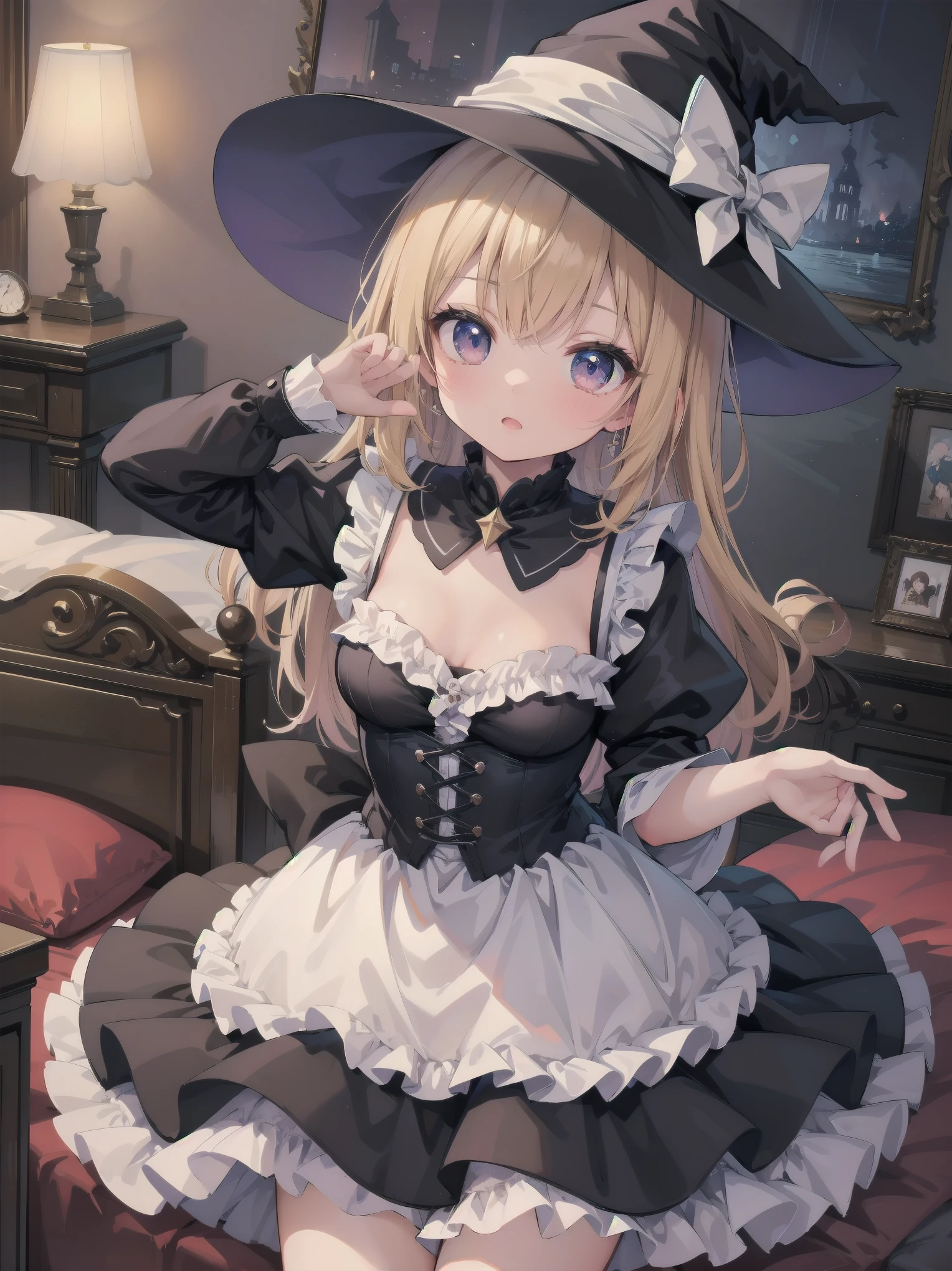 masterpiece, illustration, super detailed, kawaii, one girl, solo, witch in super cute pose, bed room, cowboy shot ,sfw, Dynamic angle