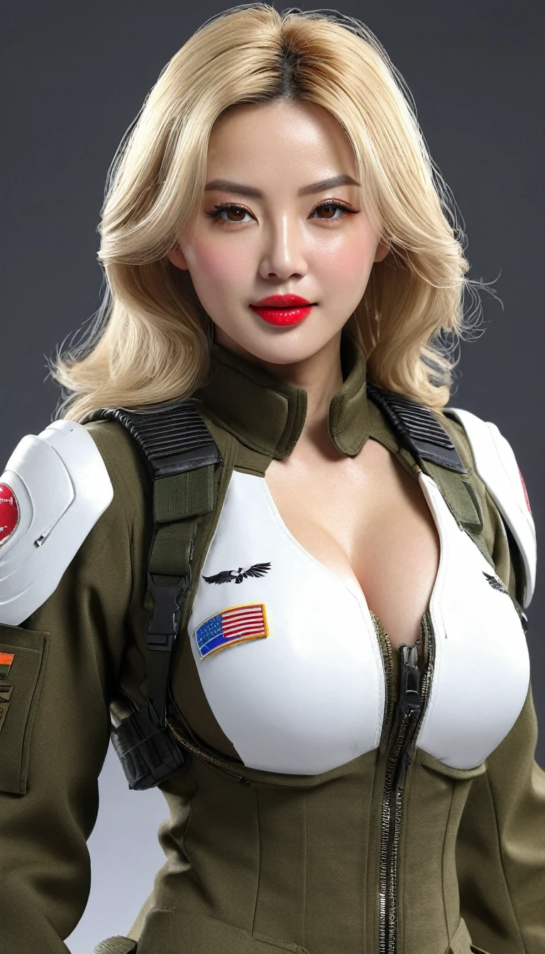 (((Ultra-realistic)))、(((Ultra-futuristic female soldier)))、Beautiful female soldier High definition Realistic (((mature blonde girl)))、(((Breasts) big)))、Smooth skin、超High resolution、Realistic、Full figure、smile、Beautiful middle-aged woman、Beautiful female soldier 、Beautiful brown eyes、Long flowing hair 、Very delicate and smooth skin、35Former female soldier、(A very futuristic command center.)、 Female soldier、(((Large chest)))、Bright red lips、(Wearing a suit fight), ((panoramic shot of girl from head to toe))