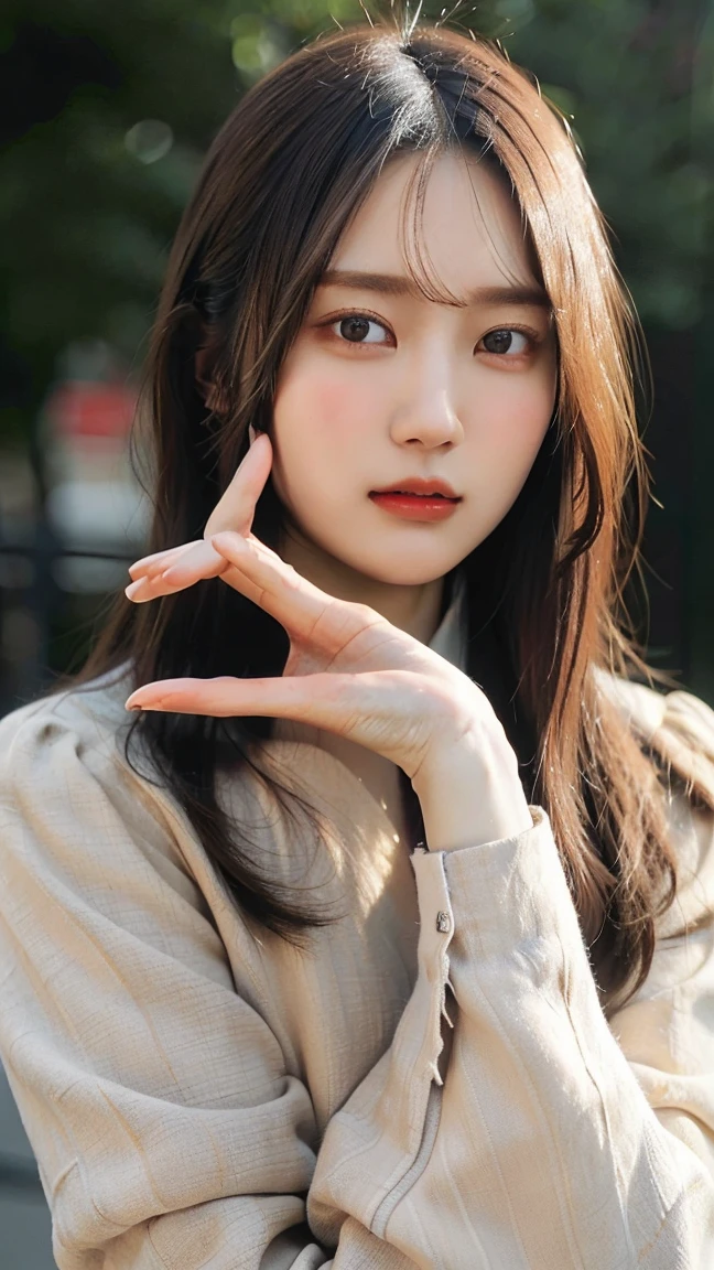 ((Highest quality,4K,High resolution,masterpiece:1.2)),((Character Concept Art)), 1 female, Improve her overall look. (Brown short hair), ((Exquisite detail)), ((Very finely crafted fingers)), ((Human finger length)), (((10 fingers))), put hands on chest, (Standing still with confidence), (Full-body showcase), (Show your whole body), (Jacket), (denim), Scenery of the city, Big Breasts.