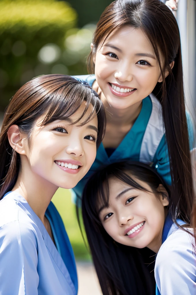 Dental hygienist, 2 women 横並び smile 白色の医療スクラブ着用 日本人 黒髪 20代前半女性 Upper body close-up high resolution high resolution Highest quality smile Shooting outside Harmony々