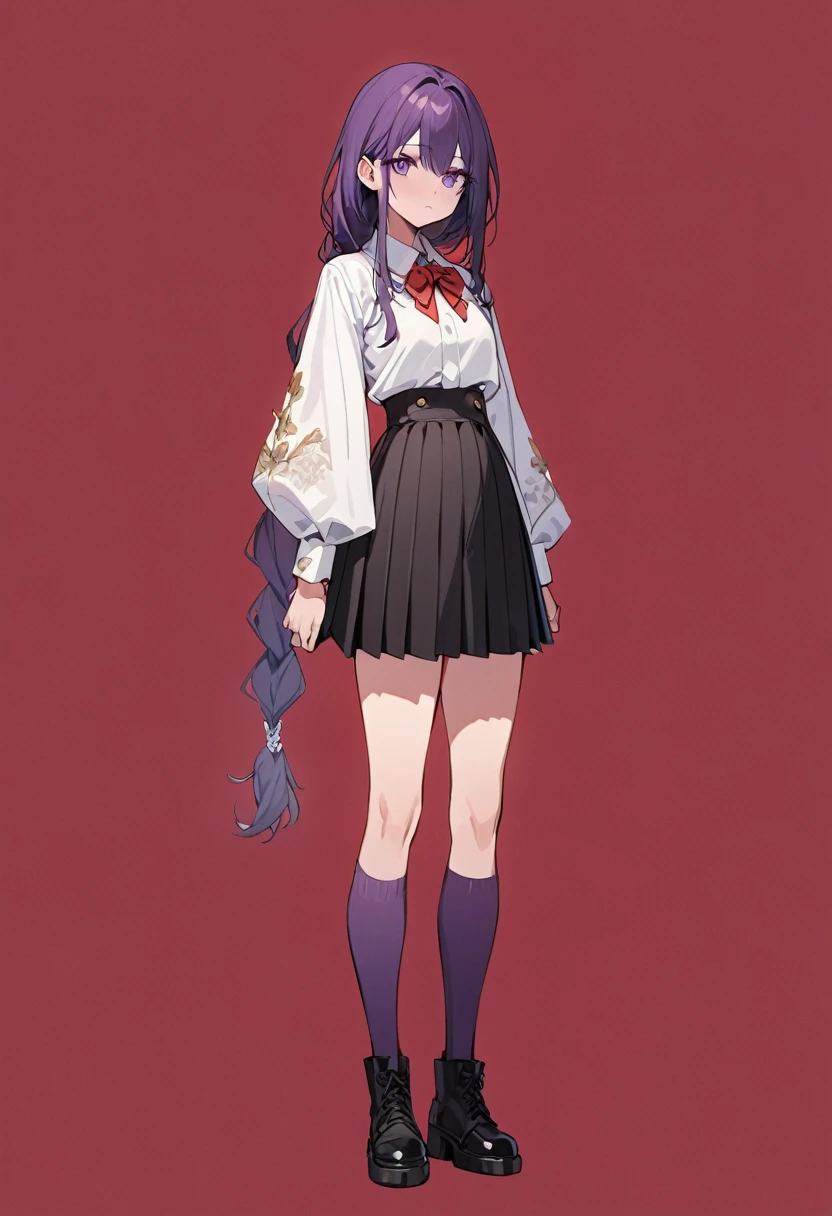 masterpiece, (bestquality), highlydetailed, cold, calm, gentle, expressionless, solo, (detailed eyes), (1 young woman), dark purple hair, very long single braid, bright purple eyes, (white collared shirt with white furisode sleeves), thin red bow tie under the collar, (diamond-shaped pin on the front of the bow), (black high-waisted pleated skirt), dark purple high socks, black ankle boots, (simple earthy red background), (empty background), full body, standing