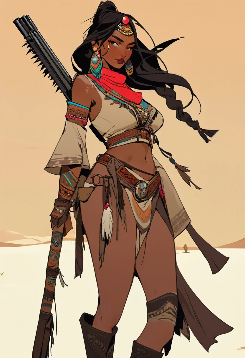 score_9, score_8_up, score_7_up, score_6_up, score_5_up, score_4_up, 1womam , Western, far away, Wild West, red dead Redemption, cartoon art style, Hunting, desert, Nightfall, Indigenous, Solo, Bow, Hunter, Thong, Indian Makeup, Wild, Pet pardal, No clothes, Crouching, stealthy, long straight hair, Plume 