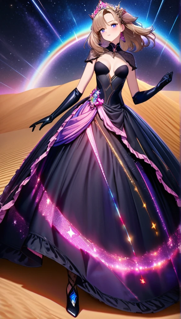 Highest quality, Highest quality, 16K, SFW, Unbelievably absurd, Very detailed, delicate and dynamic, Natural light, The particles reflect the colors of the rainbow, Diffuse reflection of light, Vortex of Light, There are many sandstorms, Beautiful desert, Colorful starry sky, Beautiful starry sky, milky way, shooting star, Moonlit Night, Sand Dunes, Create amazing image effects, full body close-up, pyramid, (Cute sexy girl, firm chests, Sensual expression, Passionate, Hilarious, Vibrant, princess of dune , Lavish décor, Dancing against the backdrop of a starry sky)