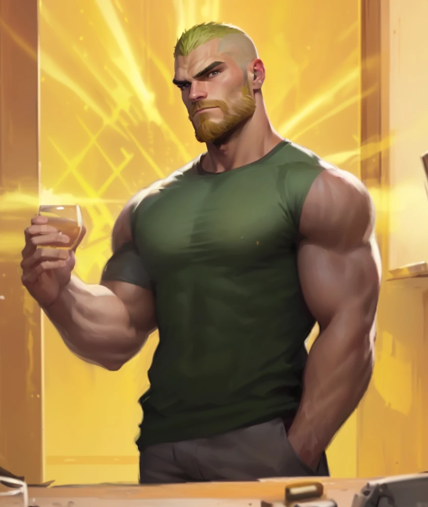 there is a man with a beard and a green shirt holding a glass, buff man, super buff and cool, very buff, muscular male hero, technoviking male with no shirt, buff painting, muscular character, barret frymire, inspired by Daryush Shokof, muscular! cyberpunk, bald male swashbuckler, beefy