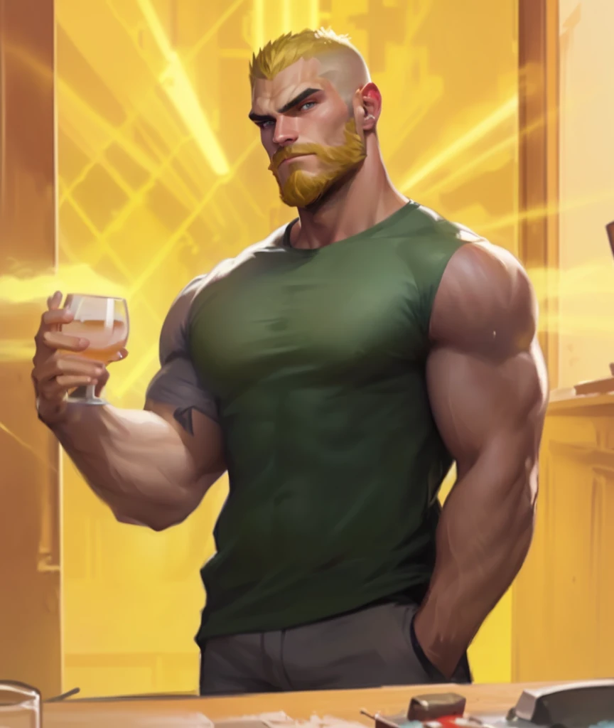 there is a man with a beard and a green shirt holding a glass, buff man, super buff and cool, very buff, muscular male hero, technoviking male with no shirt, buff painting, muscular character, barret frymire, inspired by Daryush Shokof, muscular! cyberpunk, bald male swashbuckler, beefy