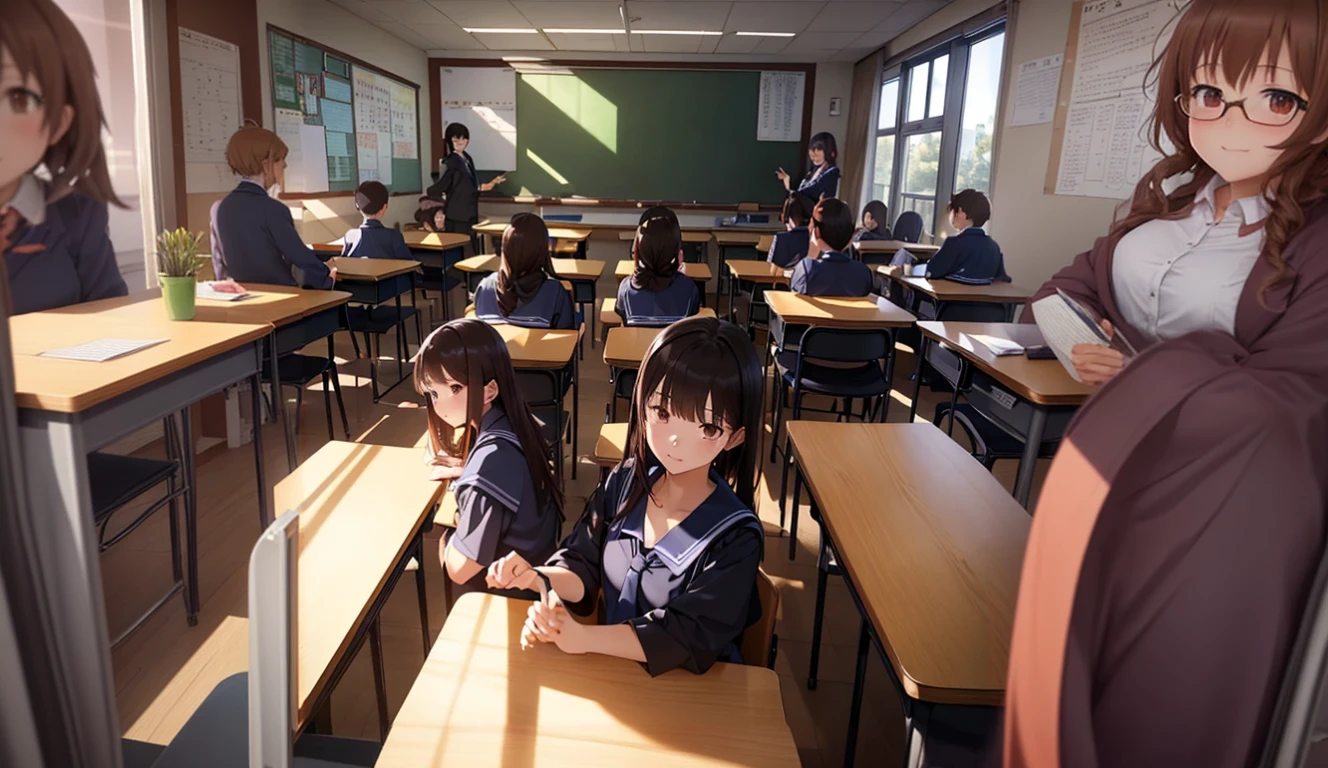 there are two girls sitting at desks In the classroom, A typical anime class, Kyoto Animation stills, Today&#39;s featured anime is still, Japanese High School, In the classroom, Realistic Anime 3D Style, Anime CG style, Surreal , sitting in classroom, makoto shinkai. Octane Rendering, Octane Rendering. by Makoto Shinkai, Anime CG