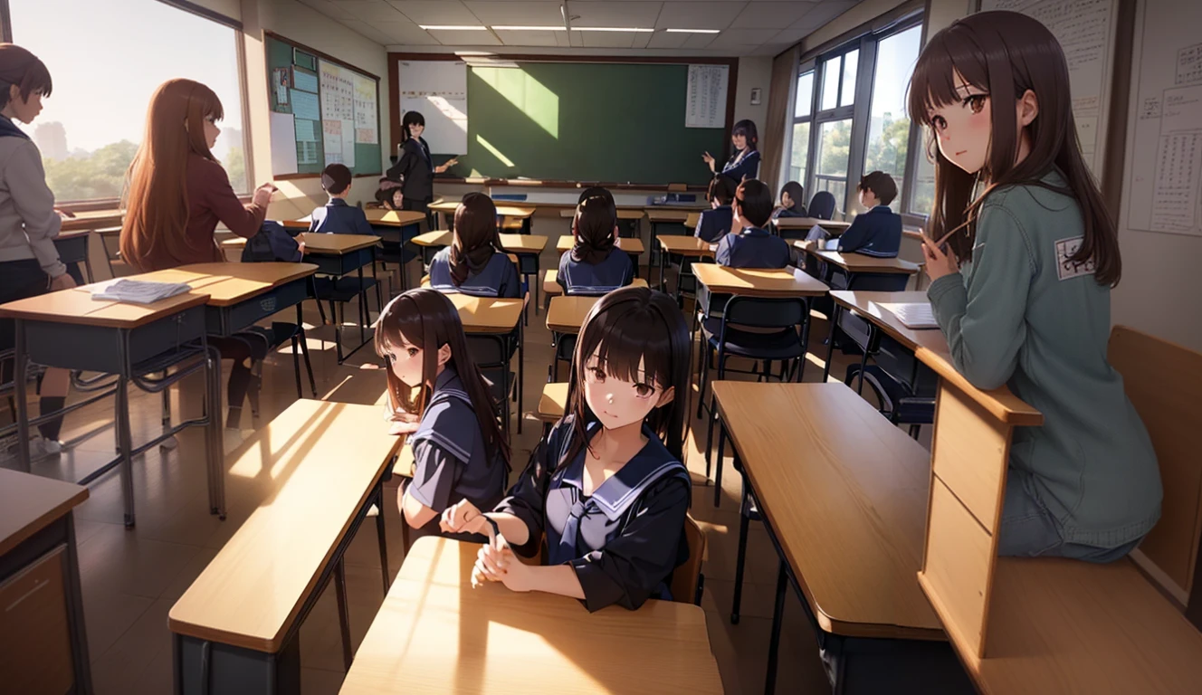 there are two girls sitting at desks In the classroom, A typical anime class, Kyoto Animation stills, Today&#39;s featured anime is still, Japanese High School, In the classroom, Realistic Anime 3D Style, Anime CG style, Surreal , sitting in classroom, makoto shinkai. Octane Rendering, Octane Rendering. by Makoto Shinkai, Anime CG