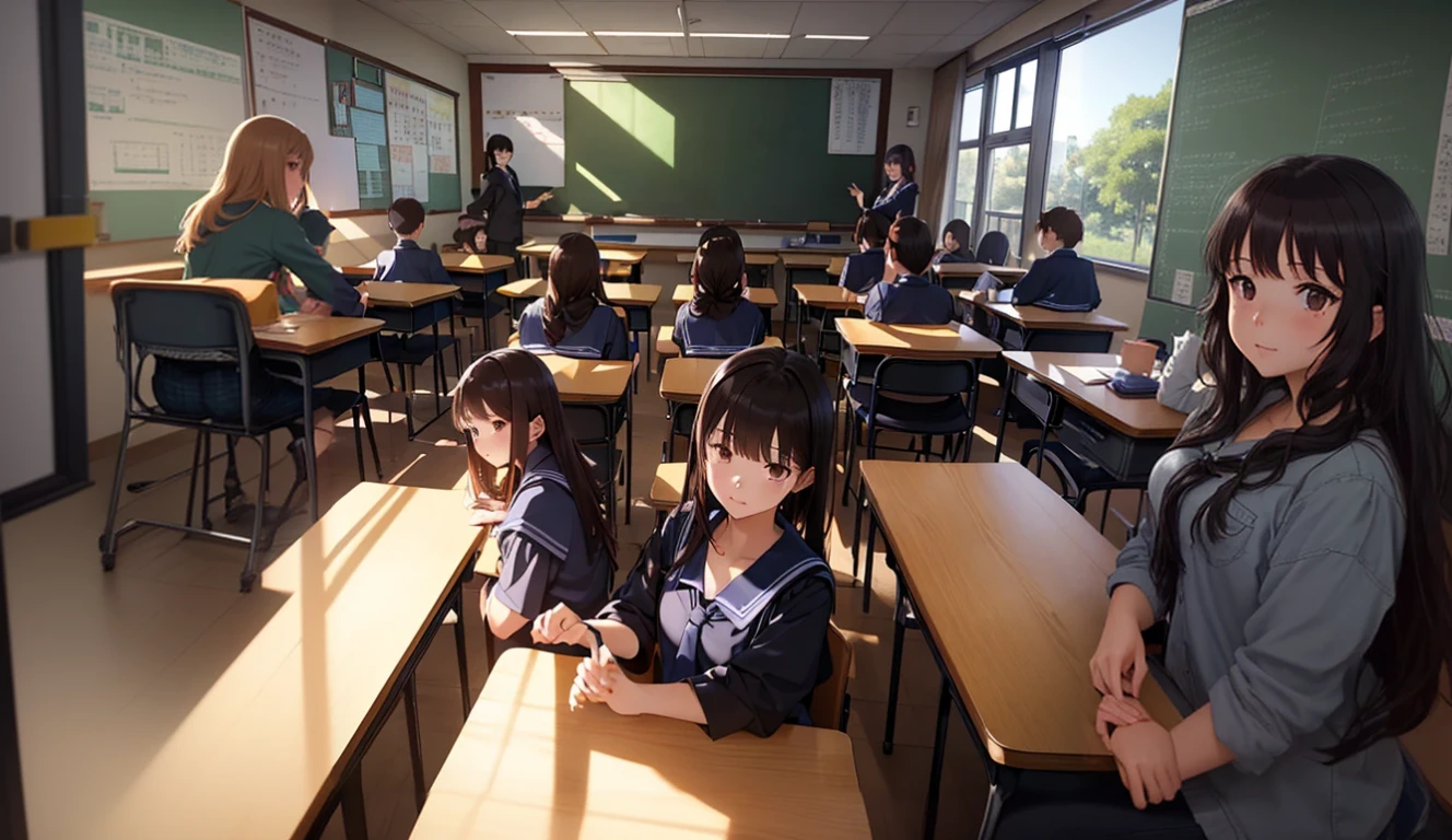 there are two girls sitting at desks In the classroom, A typical anime class, Kyoto Animation stills, Today's featured anime is still, Japanese High School, In the classroom, Realistic Anime 3D Style, Anime CG style, Surreal , sitting in classroom, makoto shinkai. Octane Rendering, Octane Rendering. by Makoto Shinkai, Anime CG