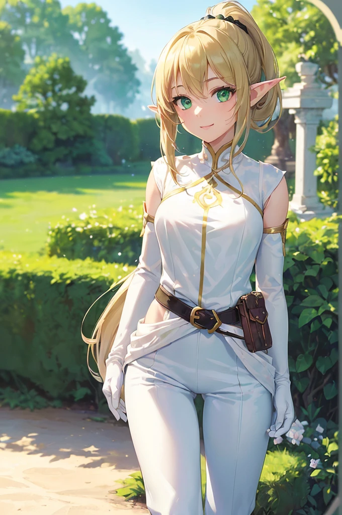 (((masterpiece; best quality: 1.2))), (finely detailed eyes: 1.3), (25 year old elf woman), (solo), (green eyes: 1.4), (body; lithe, fit, femenine: 1.3), (silky blonde hair + low ponytail: 1.3), (beautiful and clear background: 1.2), ((depth of field)), (equipment: adventurer attire + covered up + white tunic + black pants + gloves + belt + pouches: 1.3), (anime illustration: 1.2), (background composition; royal garden: 1.1), (extremely fine and beautiful: 1.1), (shot composition; standing + centered on torso + close-up: 1.5), (expression; calm, smile: 1.2)