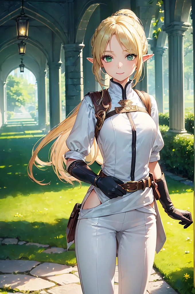 (((masterpiece; best quality: 1.2))), (finely detailed eyes: 1.3), (25 year old elf woman), (solo), (green eyes: 1.4), (body; lithe, fit, femenine: 1.3), (silky blonde hair + low ponytail: 1.3), (beautiful and clear background: 1.2), ((depth of field)), (equipment: adventurer attire + covered up + white tunic + black pants + gloves + belt + pouches: 1.3), (anime illustration: 1.2), (background composition; royal garden: 1.1), (extremely fine and beautiful: 1.1), (shot composition; standing + centered on torso + close-up: 1.5), (expression; calm, smile: 1.2)