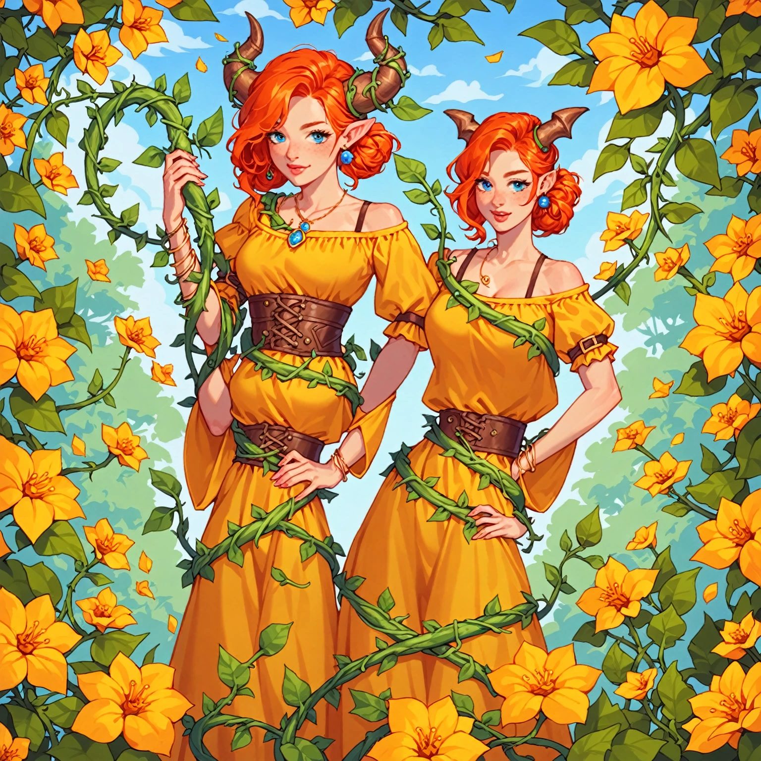 score_9, score_8_up, score_7_up, score_6_up, score_5_up, score_4_up, BREAK source_anime, yellow medieval summer girl, concept, vines on the hand and horns from vines