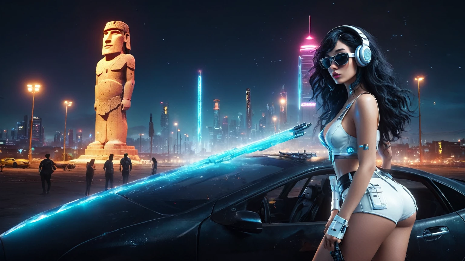 At night, dark sky, distant shot aerial view of fantasy cyberpunk style ice ((Moai-statue)) city, ((flying car)). ((1girl, solo, alone)), medium-breast:1.1 slim body, cleavage, sexy clothes, (headphone, black sunglasses, long black realistic hair), (((hip-up standing and holding pistol))), half-body thigh level medium shot, cinematic lighting.